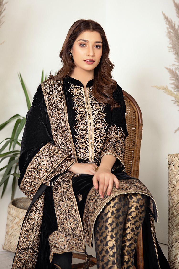 Ellena - 3-PC Stitched Velvet Suit