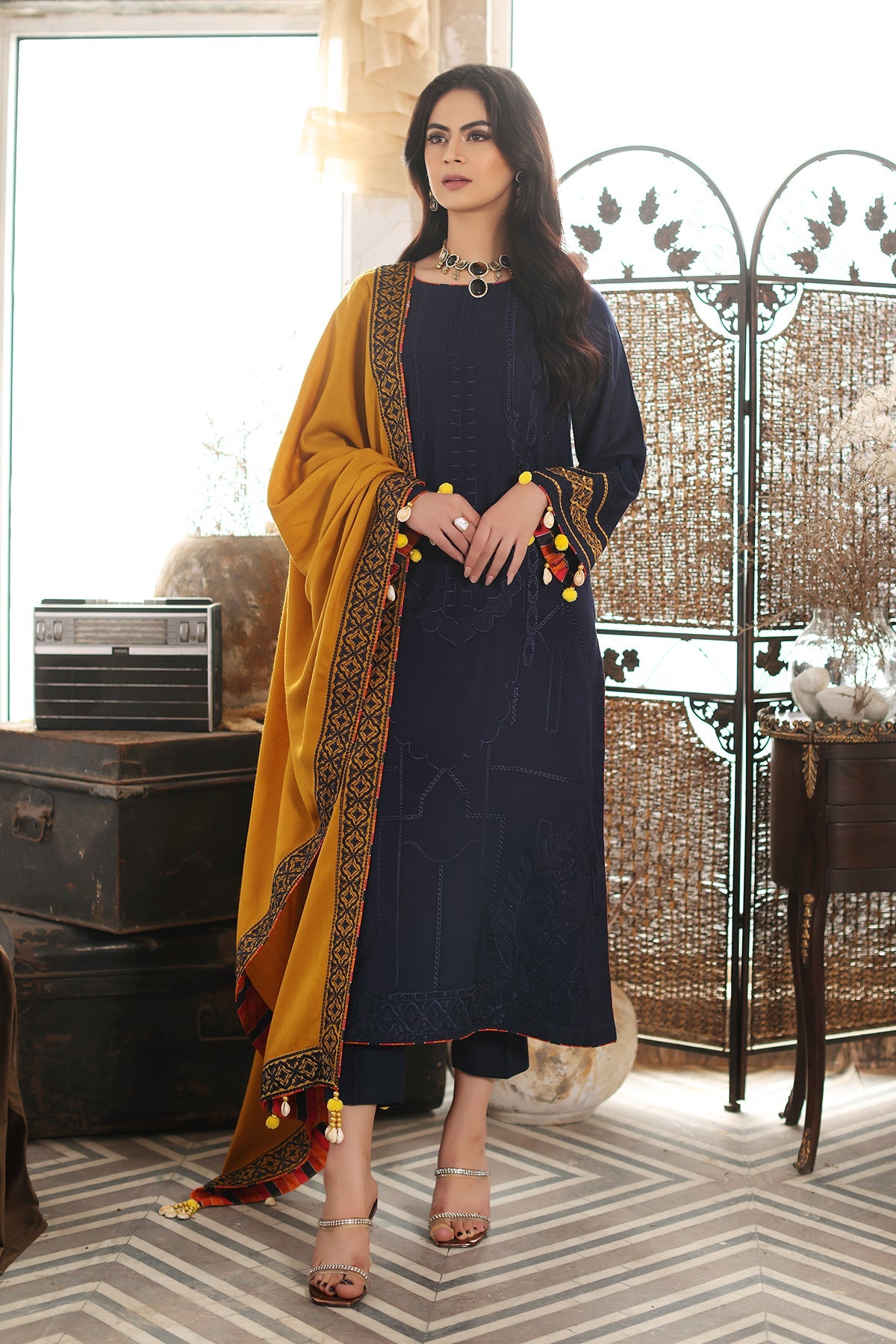 3-Pc Unstitched Embroidered leather with wool shawl CRW3-07