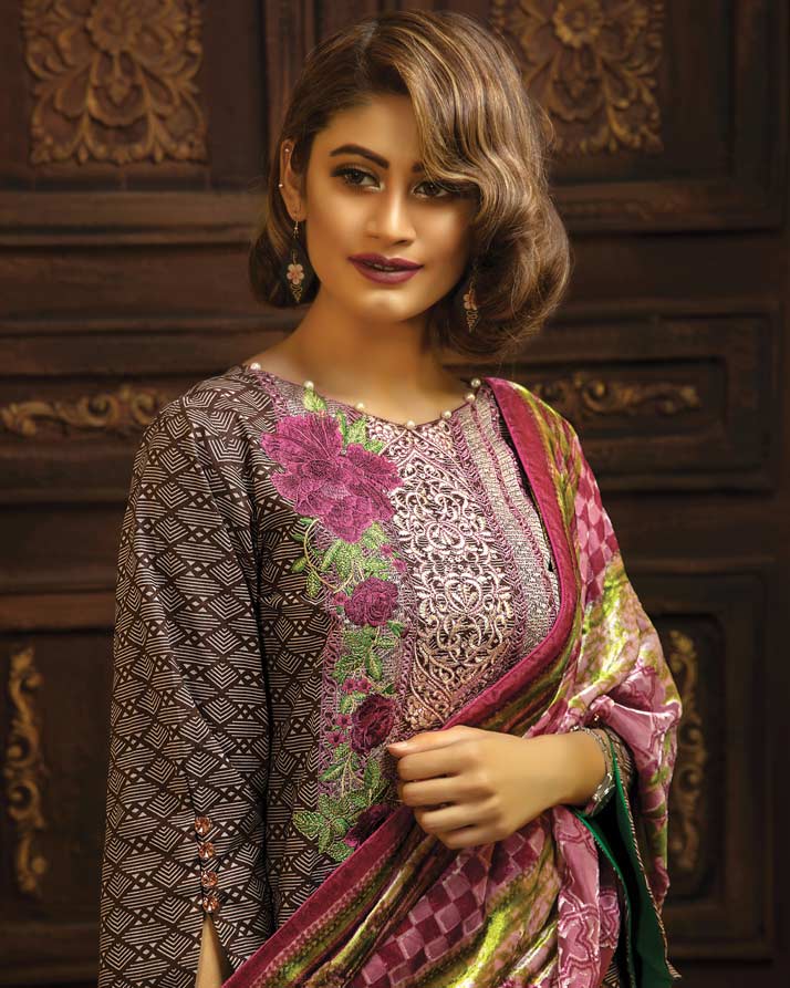 Adan's Libas - BROWN - Printed & Embroidered Khaddar With Plush Shawl