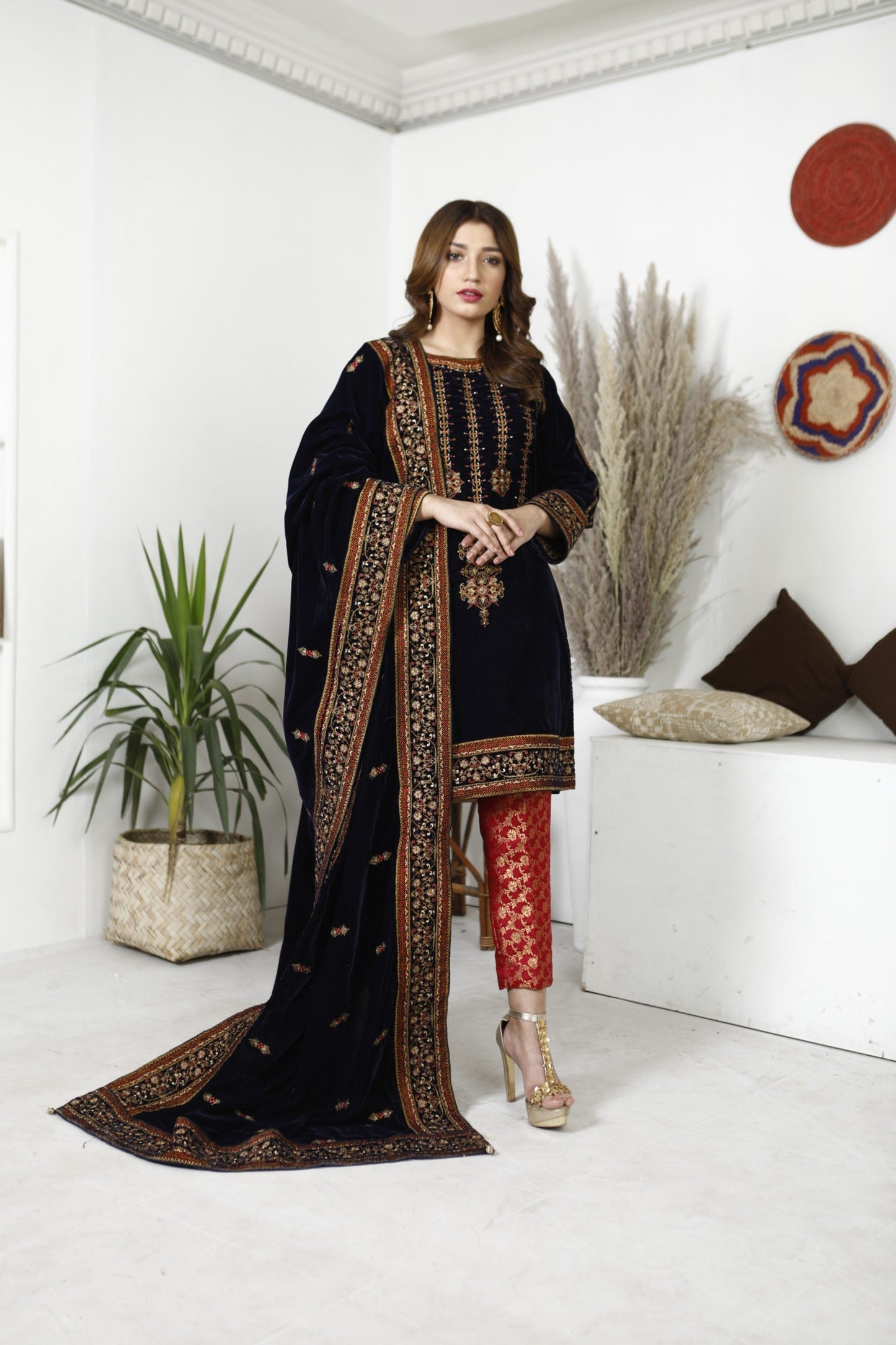 Ellena - 3-PC Stitched Velvet Suit