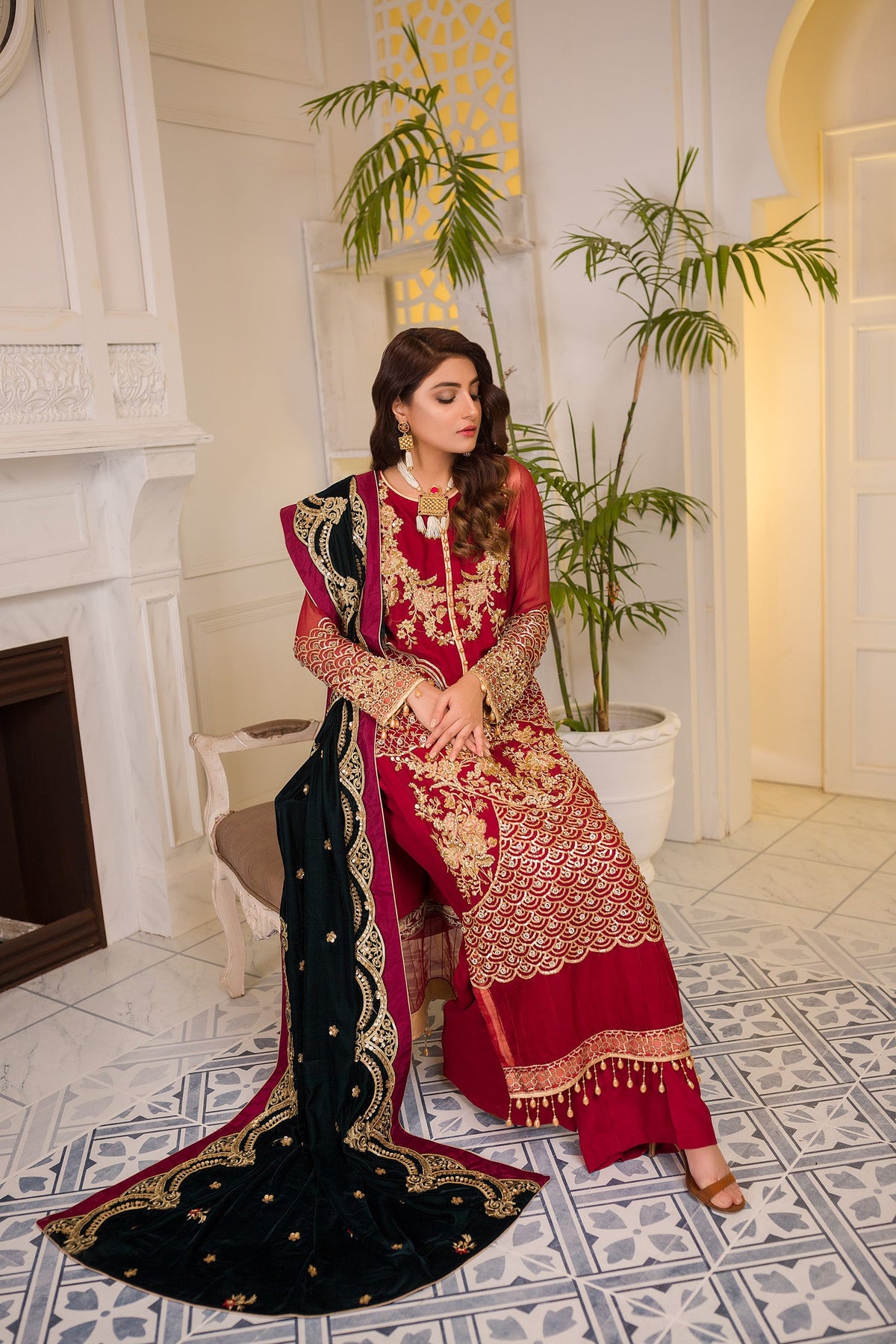 Adan's Libas - Blooming Red - Embroidered & Hand Embellished Chiffon 3PC