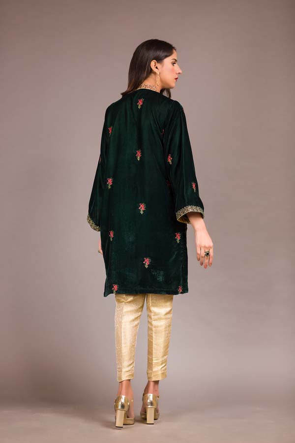 Adan's Libas - Bush Green - Embroidered Velvet Unstitch Kurti