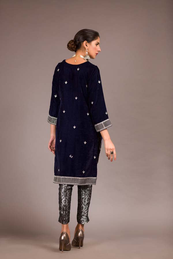 Adan's Libas - Blue Charcoal - Embroidered Velvet Unstitch Kurti