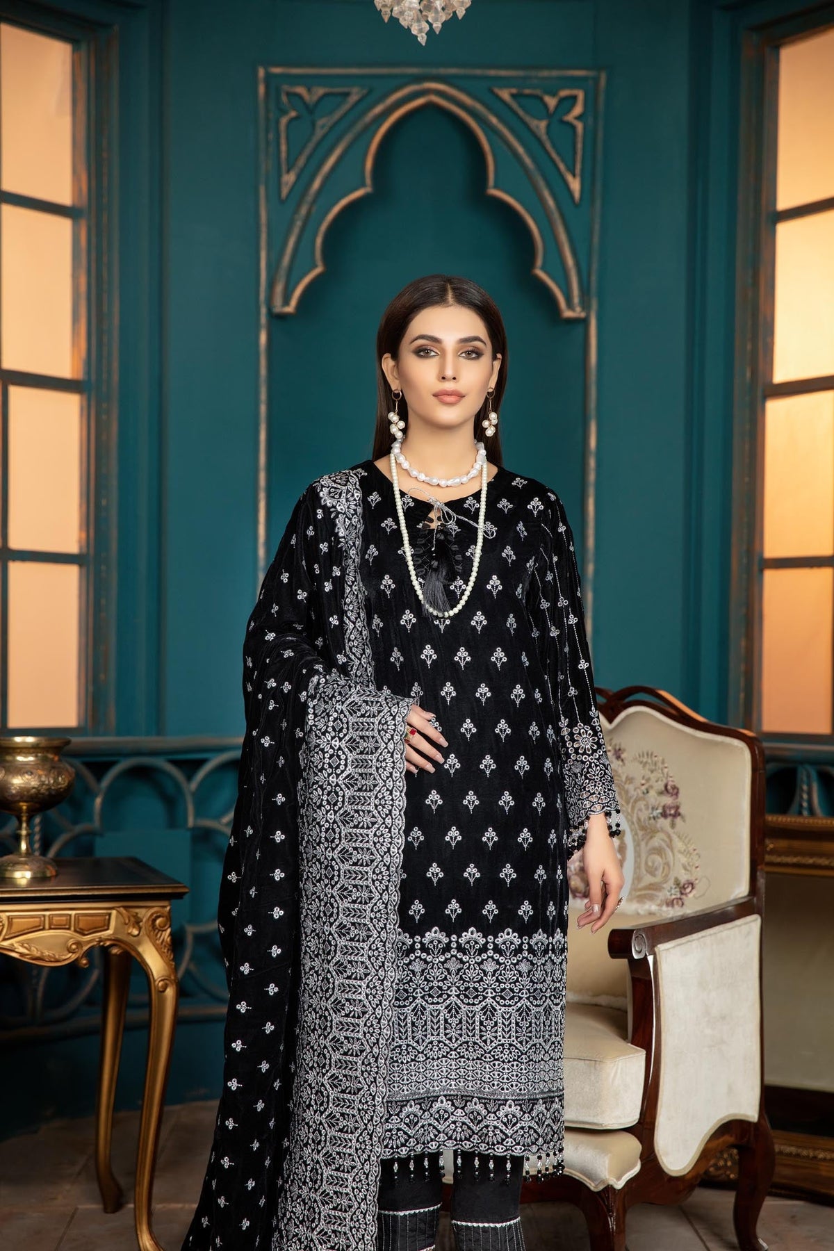 Adan's Libas - Black Rose - Embroidered Velvet 3 piece