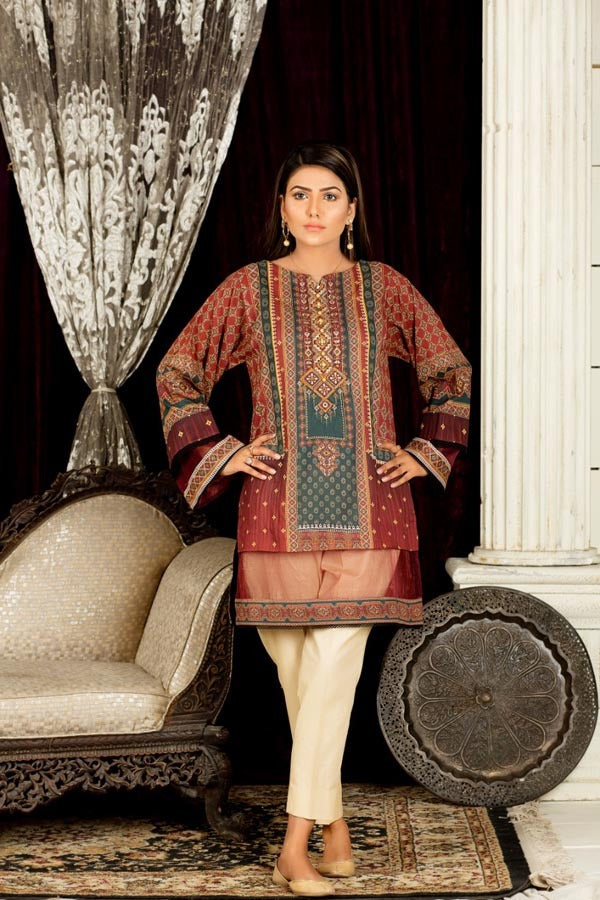 Adan's Libas - Brown Gladiolus - Digital Embroidered Stitched Lawn Kurti