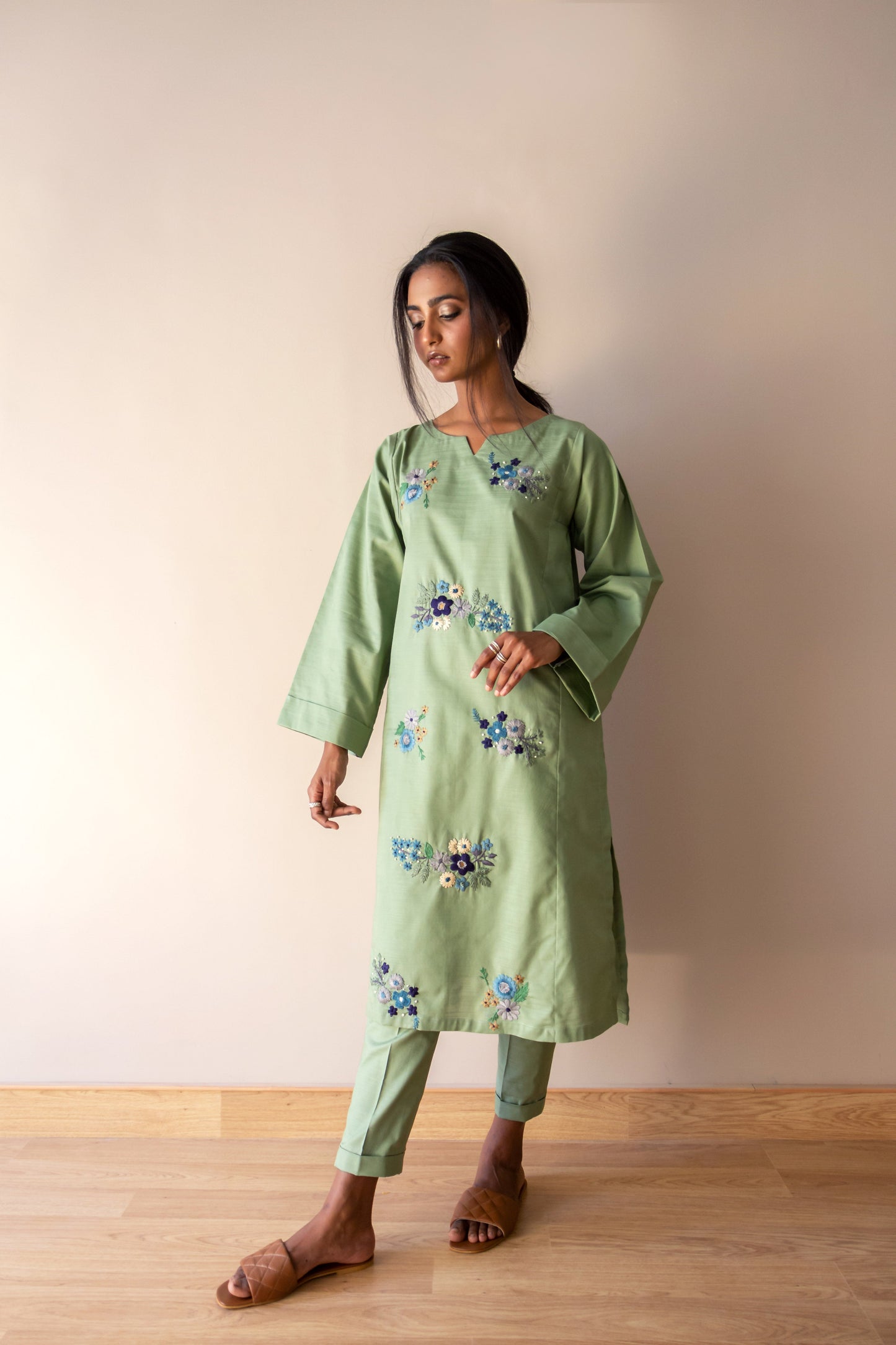 Ayesha Naveed - Dull green hand embroidered set