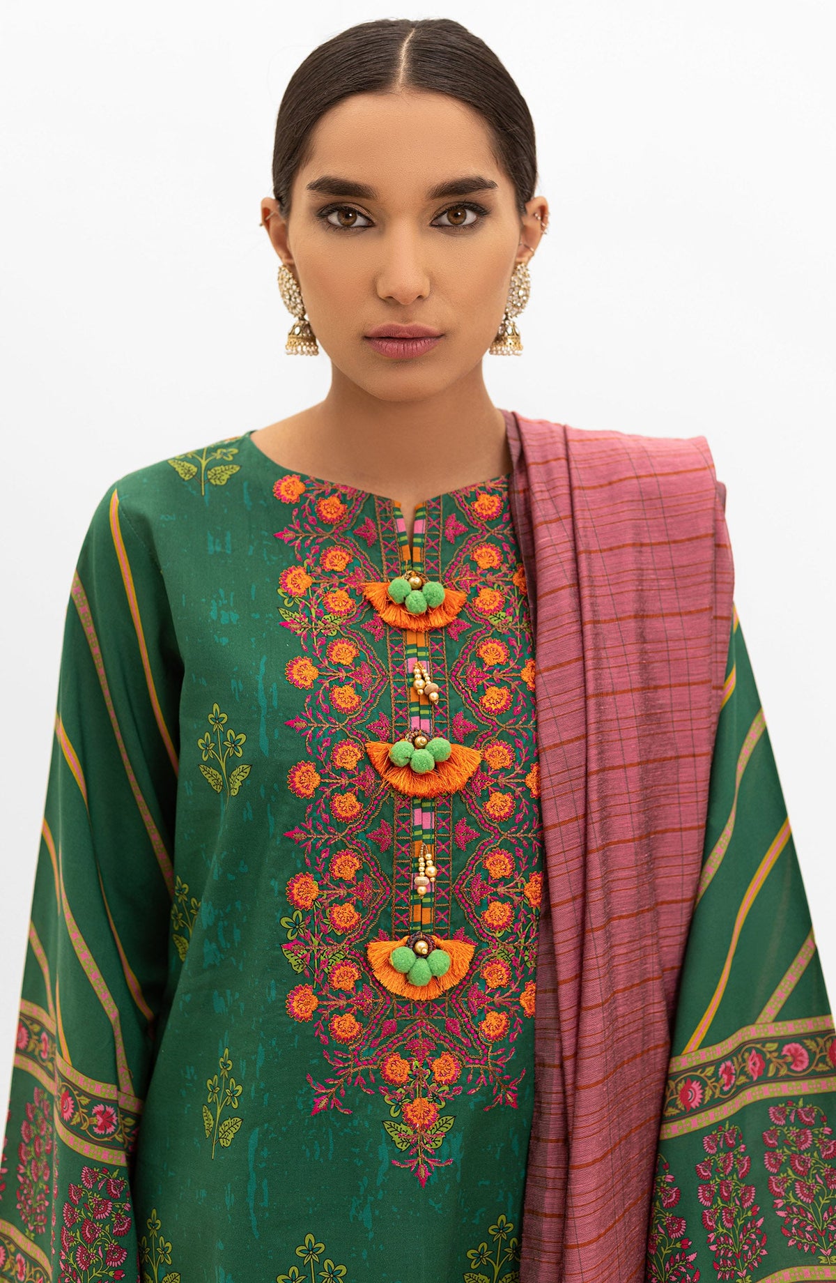 Orient - Unstitched 3 Piece Embroidered Lawn Shirt , Cambric Pant and Yarn Dyed Dupatta