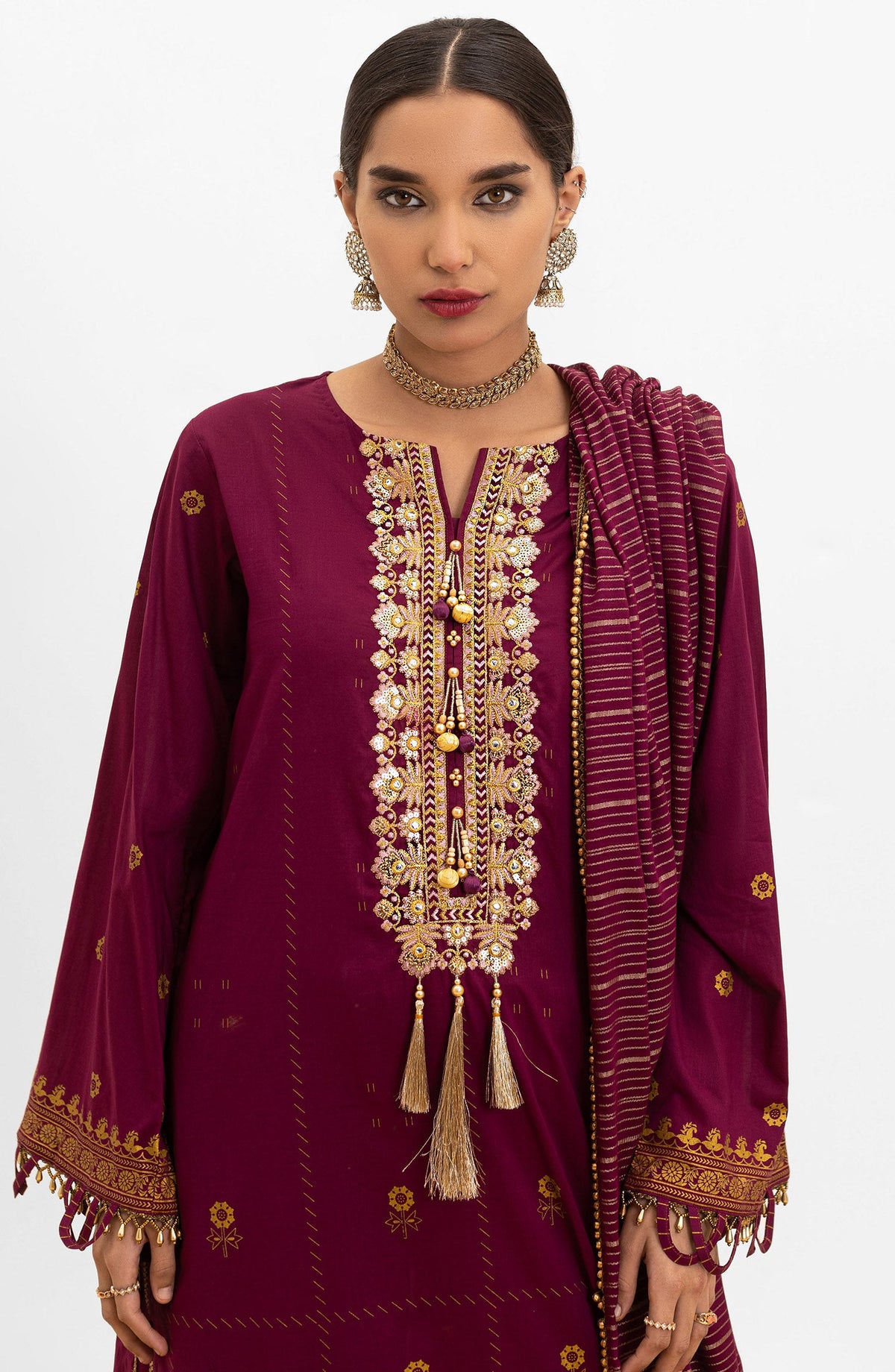 Orient - Unstitched 3 Piece Embroidered Lawn Shirt , Dyed Textured Pant and Masuri Stripe Dupatta