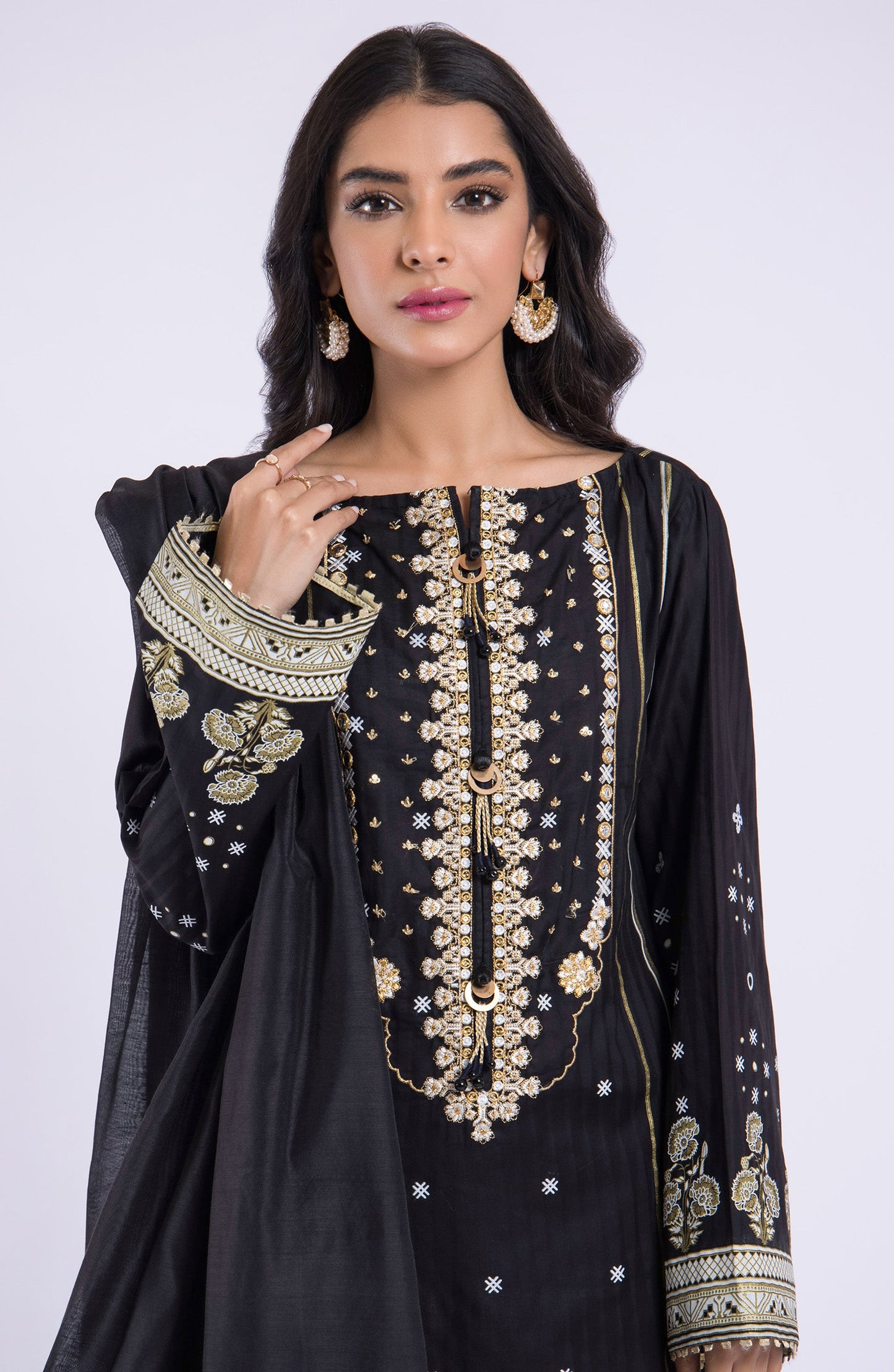 Orient - Stitched 3 Piece Embroidered Jacquard Shirt , Cambric Pant and Yarn Dyed Dupatta