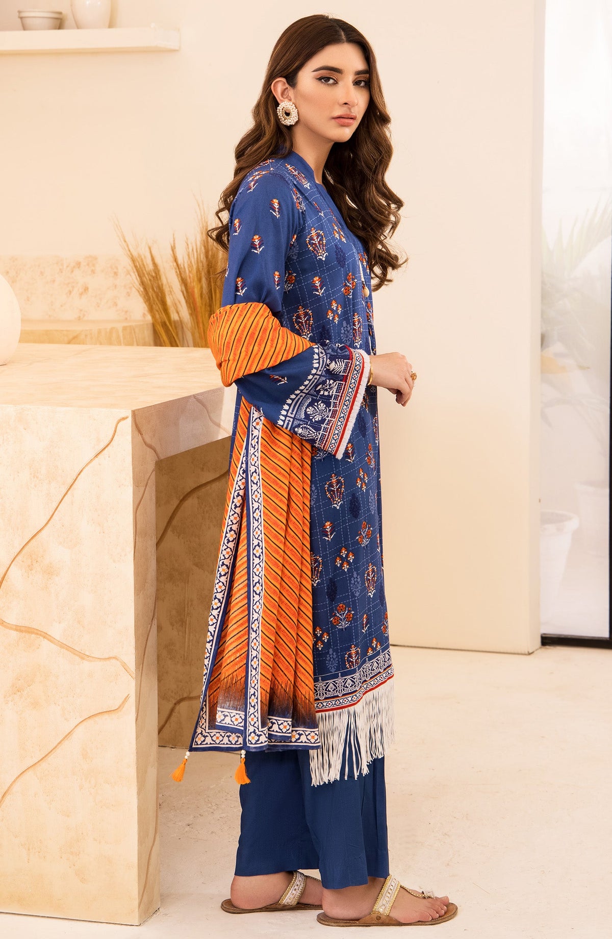 Orient - Unstitched 3 Piece Printed Linen Shirt , Pant and Linen Shawl Dupatta
