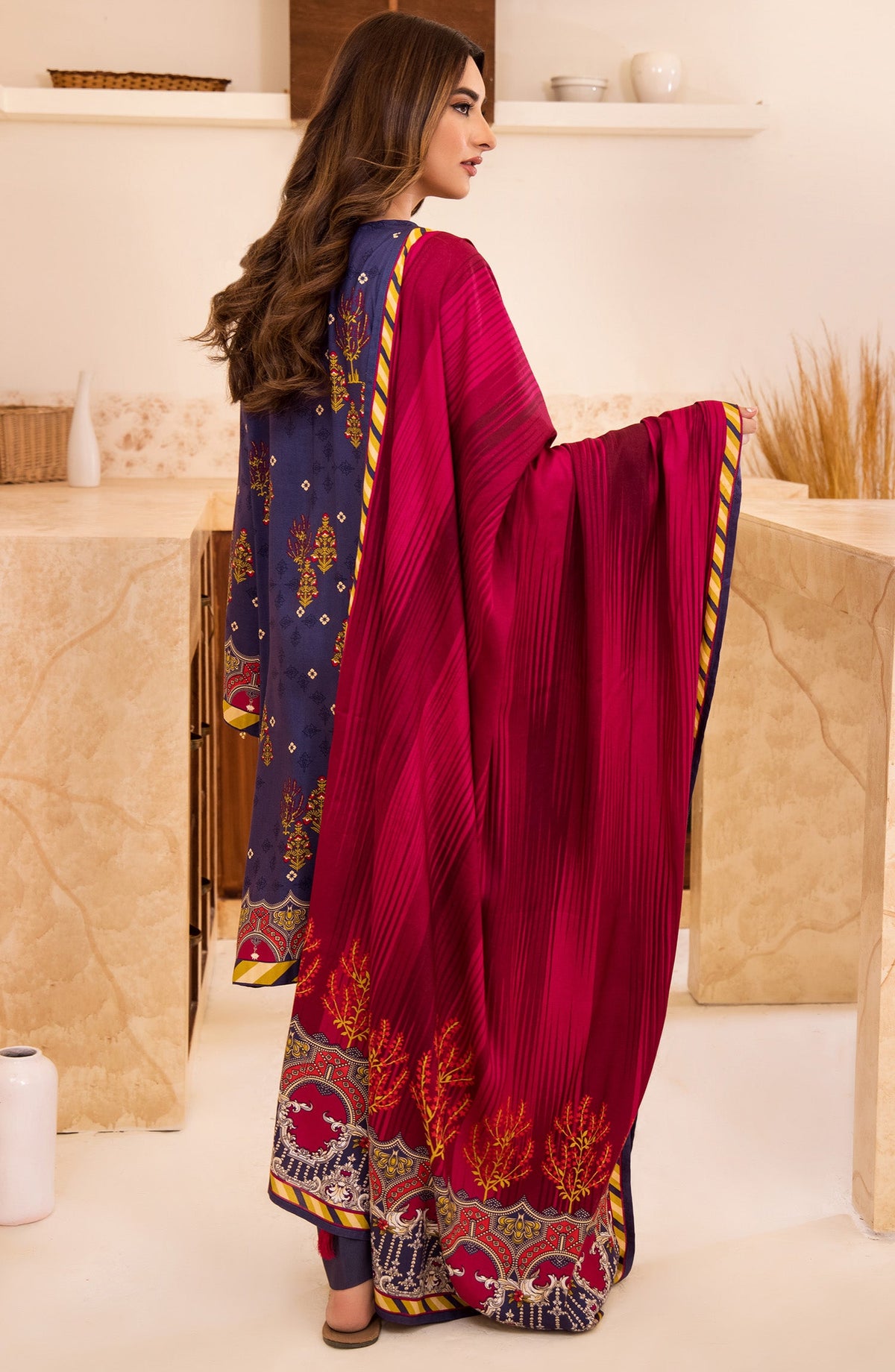 Orient - Unstitched 3 Piece Printed Linen Shirt , Pant and Linen Shawl Dupatta