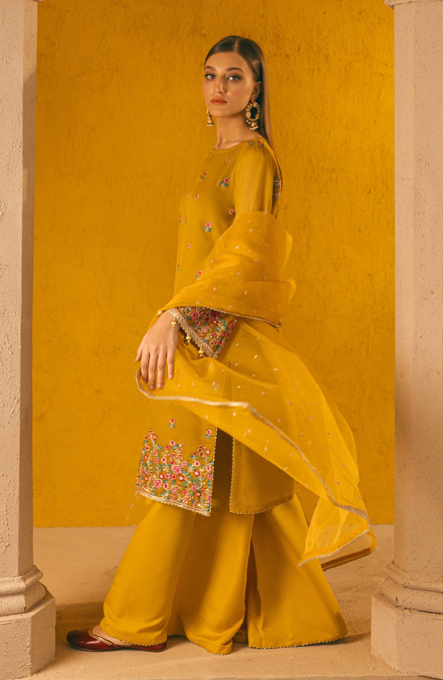 Orient - Stitched 3 Piece Embroidered Cotton Net Shirt , Raw Silk Pant and Organza Dupatta
