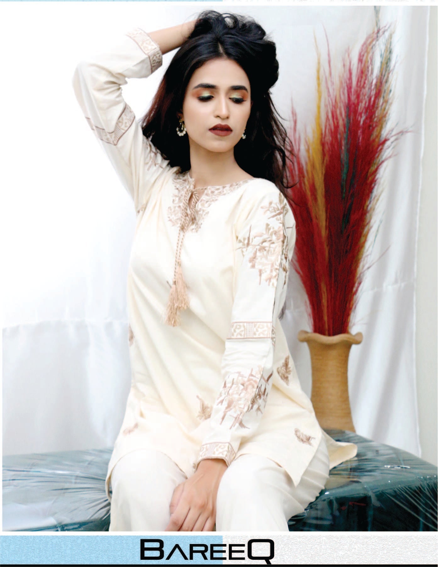 Bareeq Outfits - Embroidered Cotton Shirt With Dyed Cambric Plazo