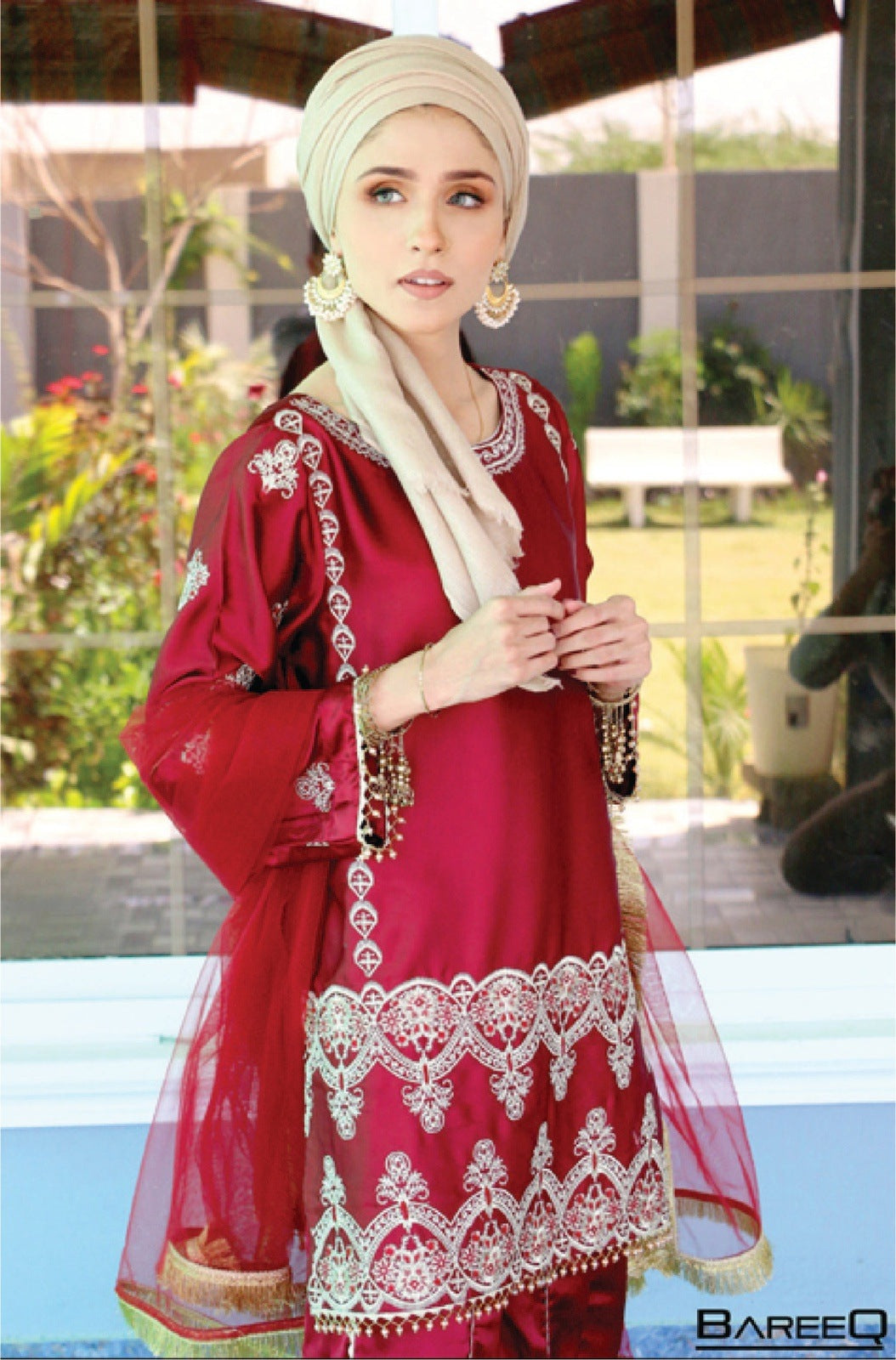 Bareeq Outfits - 3 Piece Mahroon Embroidered Shamoze Silk With Dhaka Pajama