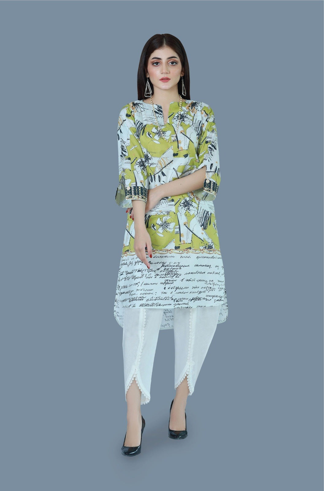 Bareeq Outfits - Speckle Lime Printed Lawn Shirt