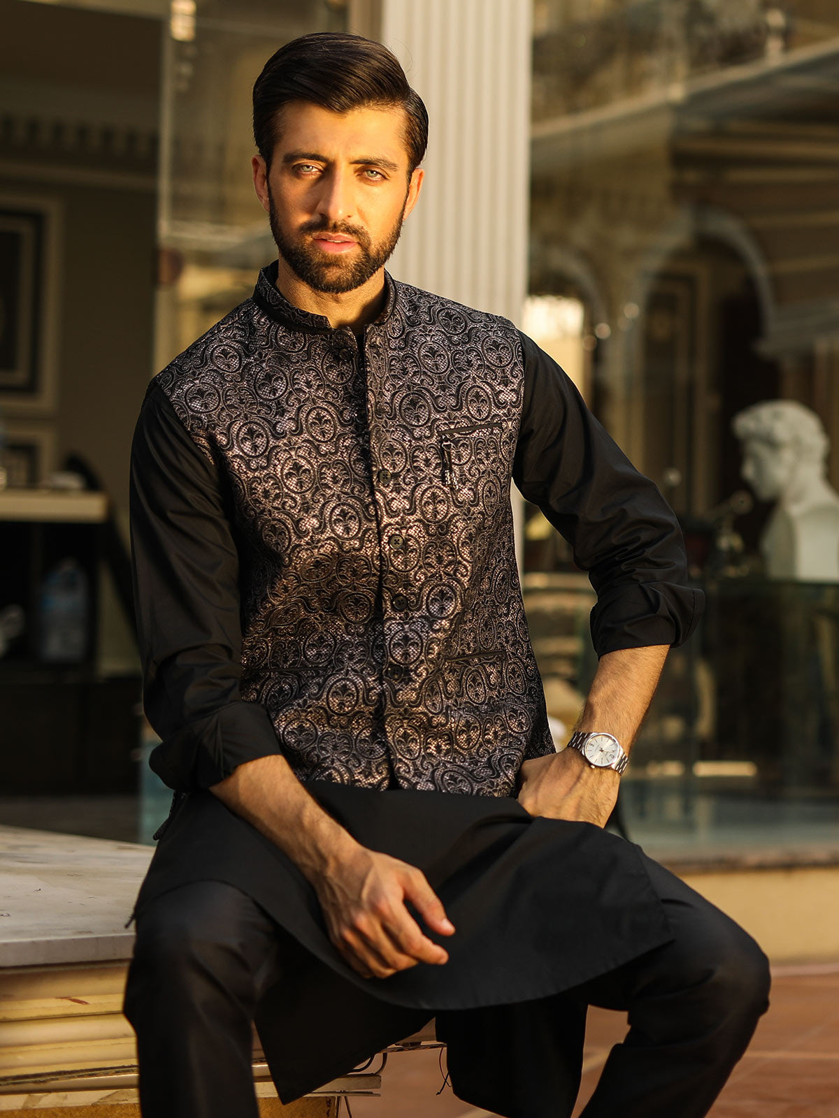 Edenrobe - Men's Black Waist Coat Ceremonial - EMTWCC18-054