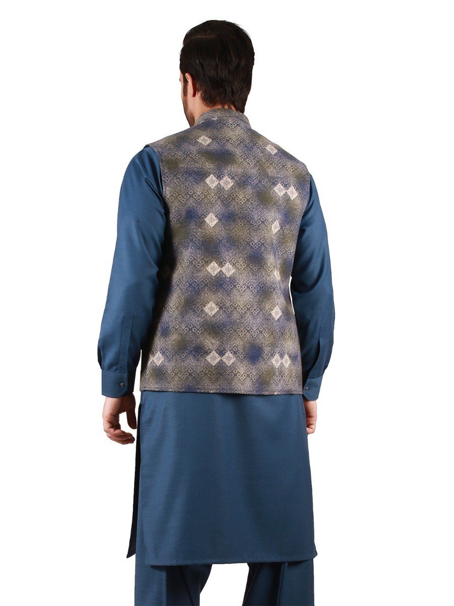 Edenrobe - Men's Blue Multi Waist Coat - EMTWC19-010