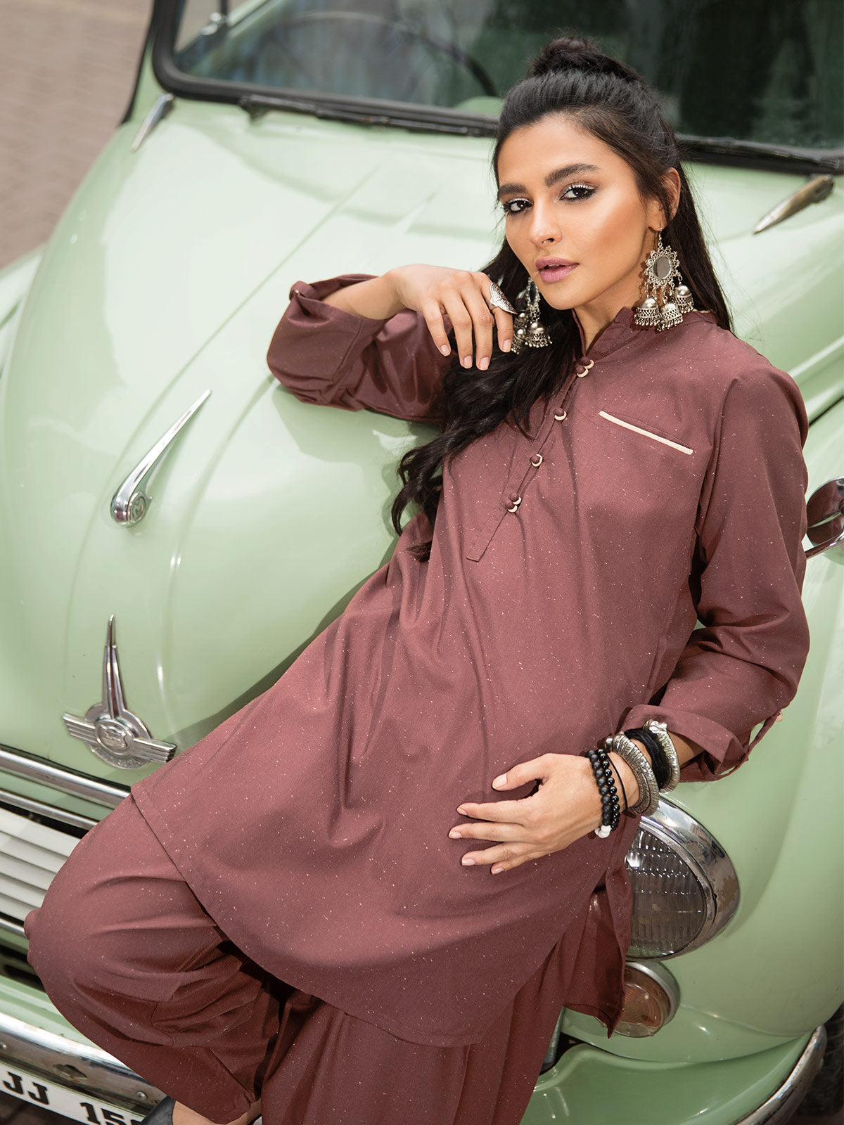 Edenrobe - Pret 2Pc Printed Brown Shirt Trouser - ELTK19-66862 (2-Pcs)