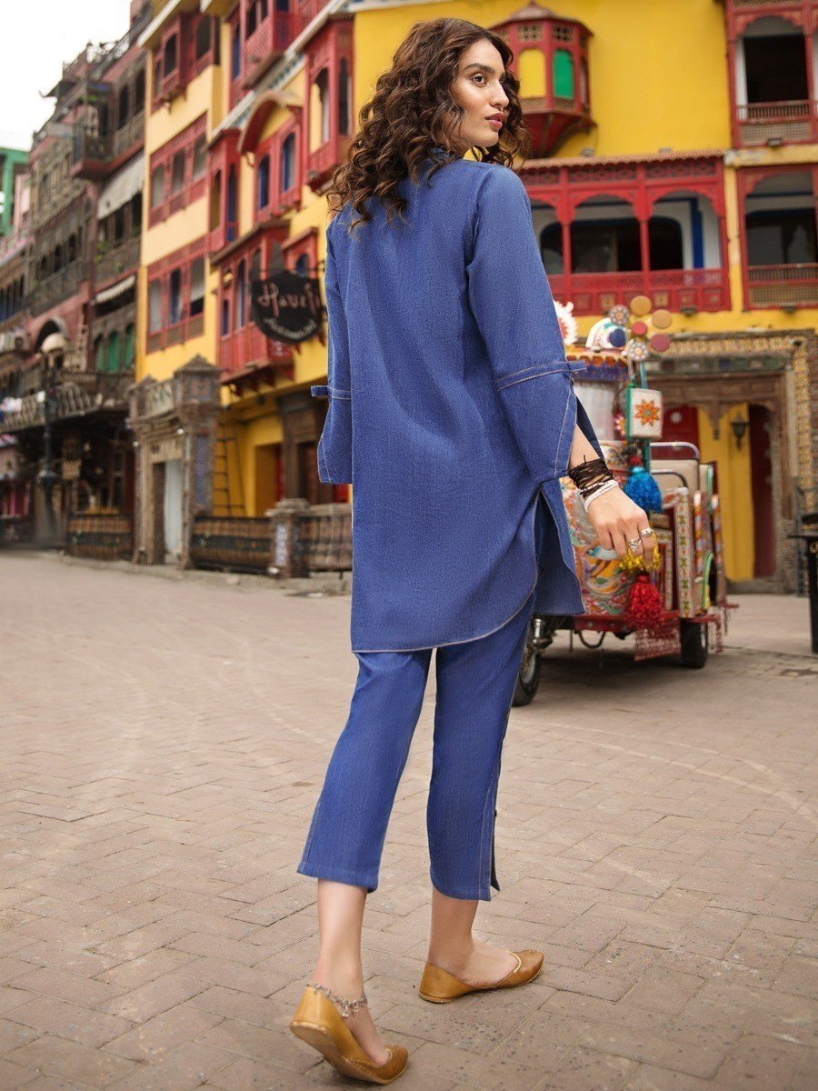 Edenrobe - Pret 2Pc Printed Blue Shirt Trouser - ELTK19-66871 (2-Pcs)