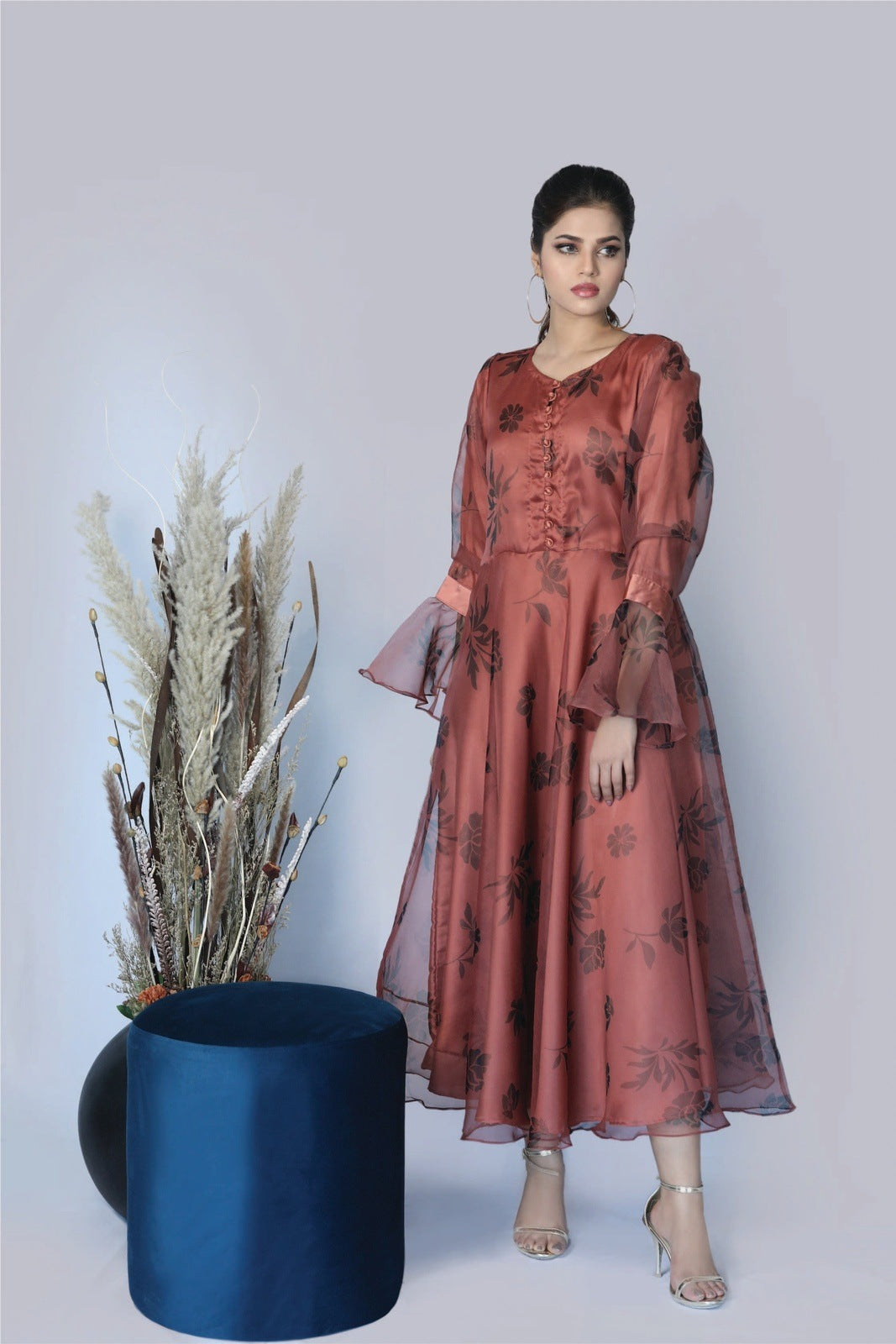 Bareeq Outfits - Cranberry Floral Printed Frock