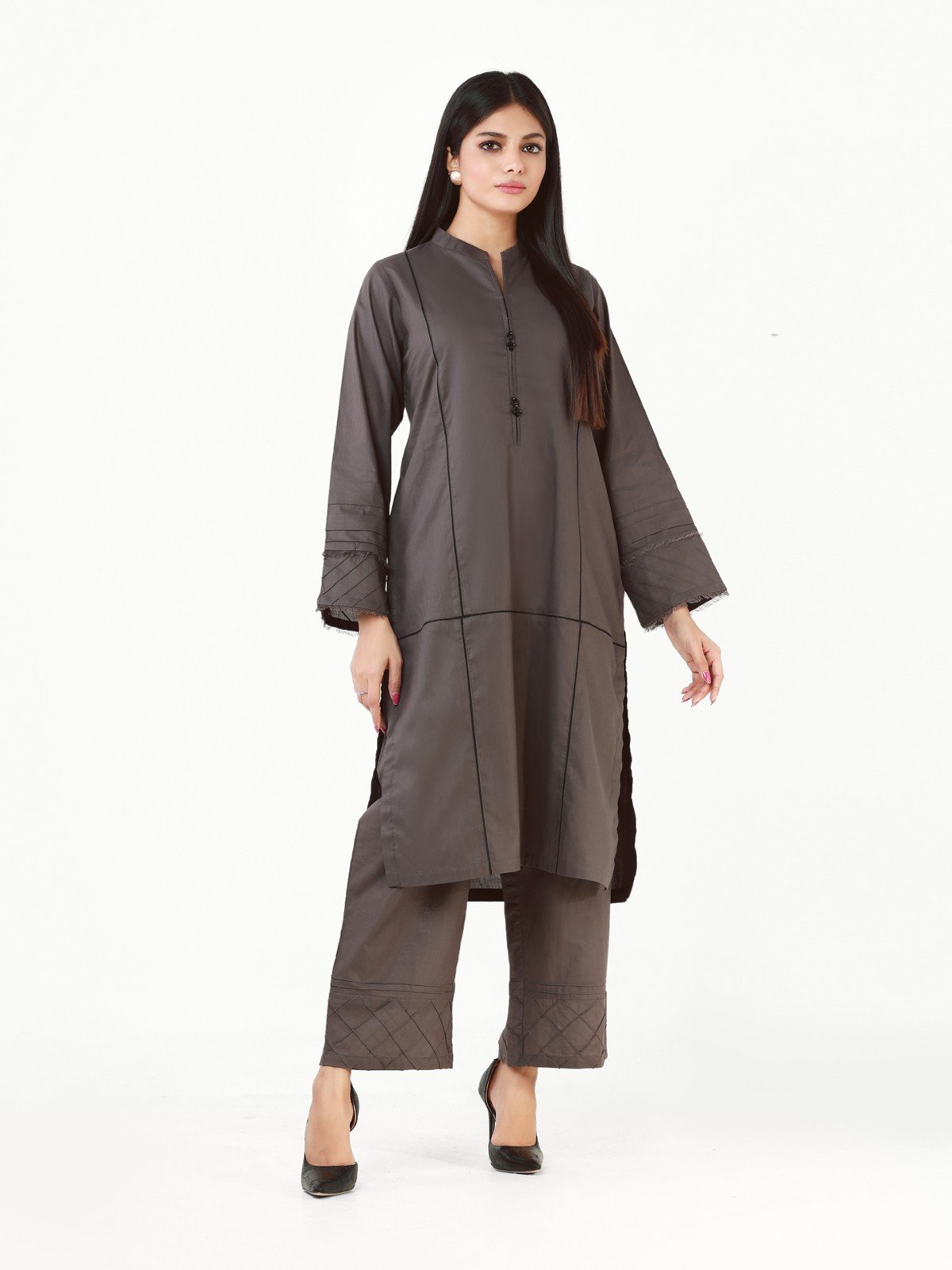 Edenrobe - Grey Plain Shirt Trouser Co-Ord Set - EWTK22-68127 (2-Pcs)