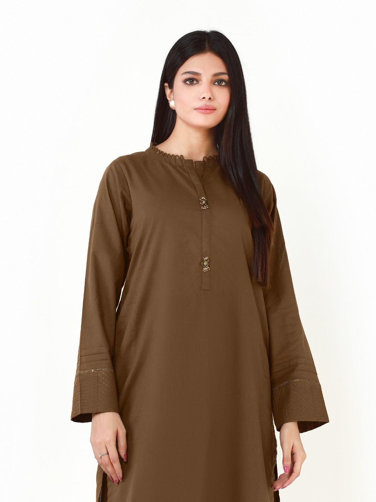 Edenrobe - Mehndi Plain Shirt Trouser Co-Ord Set - EWTK22-68134 (2-Pcs)