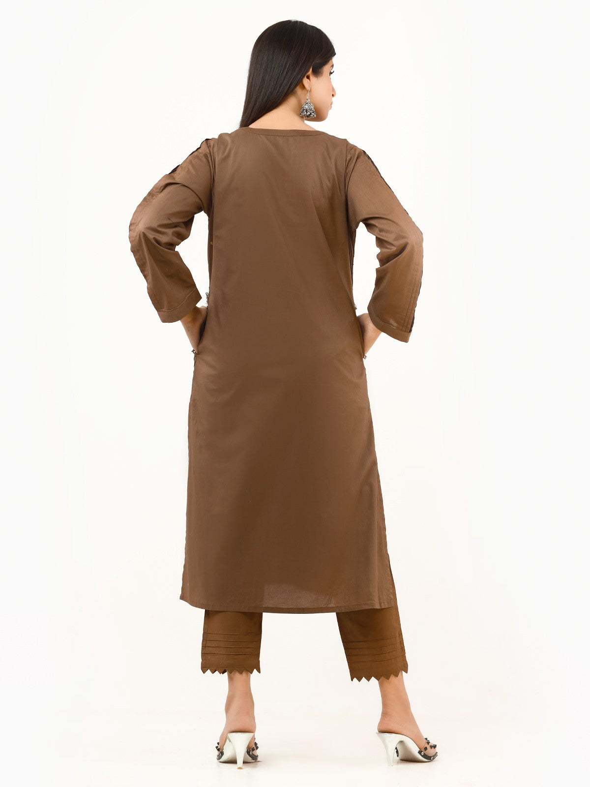 Edenrobe - Mehndi Plain Shirt Trouser Co-Ord Set - EWTK22-68210 (ST)