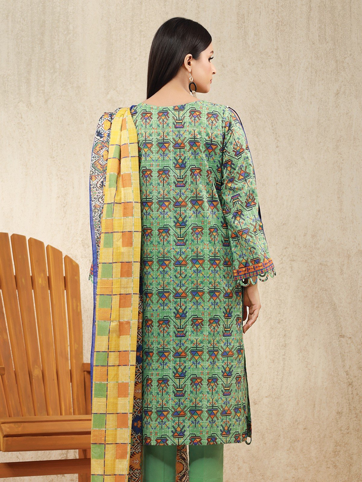 Aneela's Brown Green Print Luxury Lawn Embroidered 3Piece Unstitched