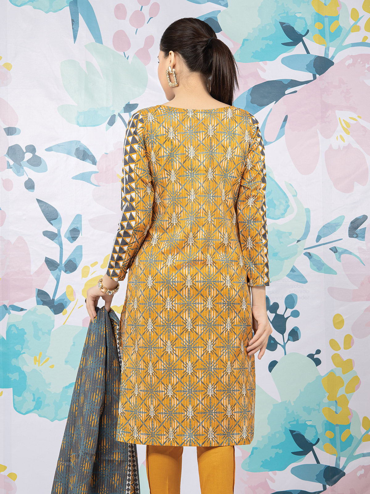 Edenrobe - EWU22A3-23426XXL Unstitched Mustard Printed Khaddar 3 Piece