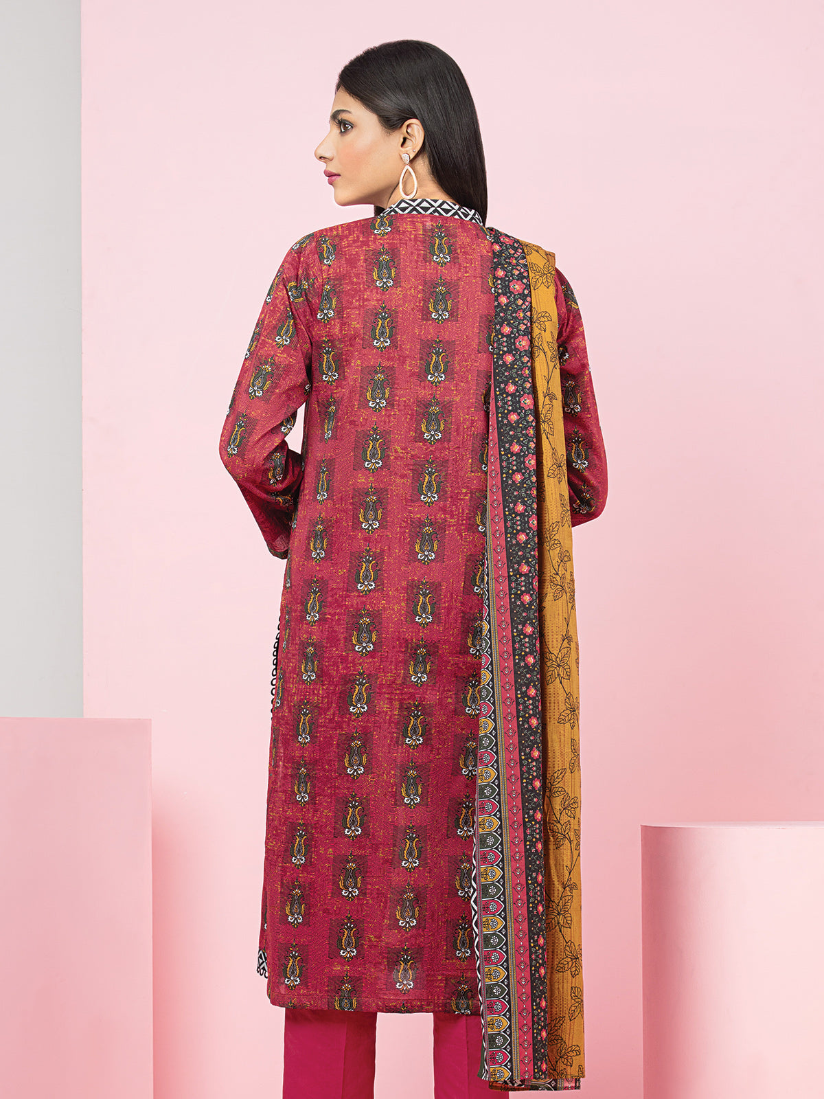 Edenrobe - EWU22A3-24240 Unstitched Maroon Printed Khaddar 3 Piece