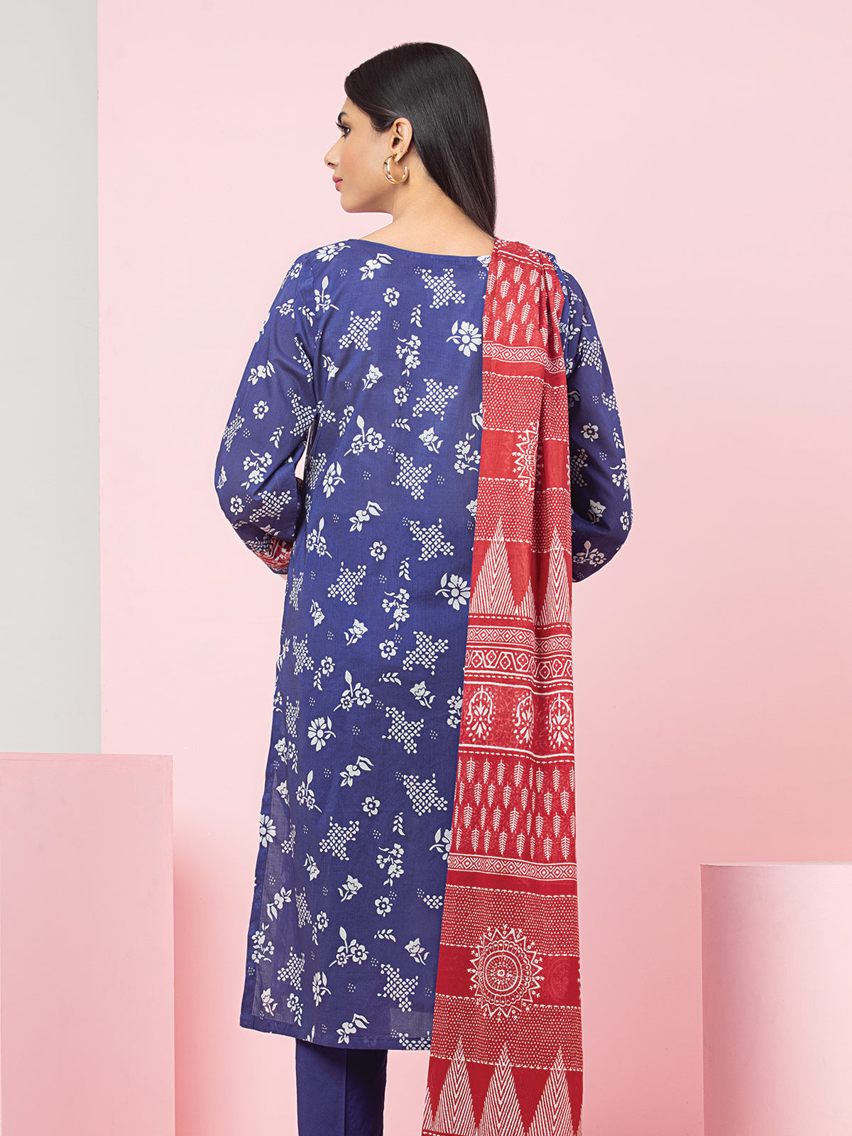 Edenrobe - EWU22A3-24252 Unstitched Blue Printed Khaddar 3 Piece
