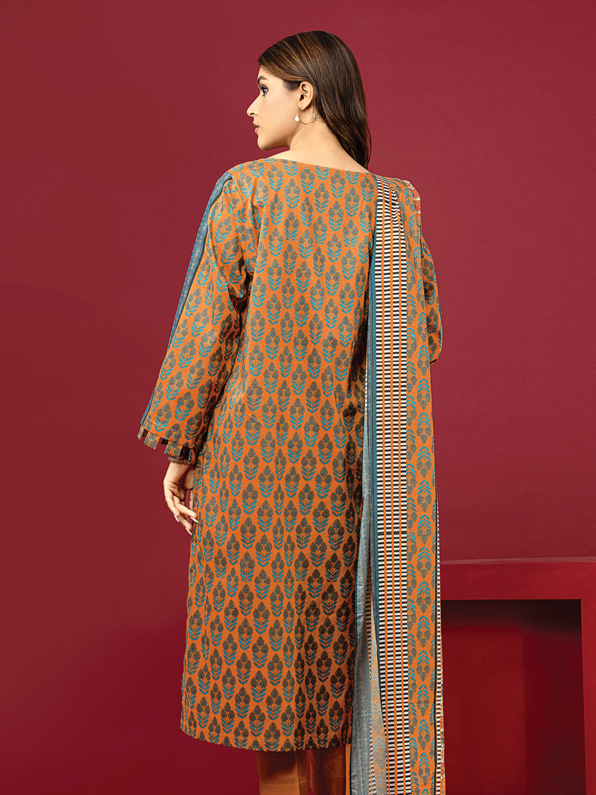 Edenrobe - EWU22A3-24417XXL Unstitched Orange Printed Khaddar 3 Piece