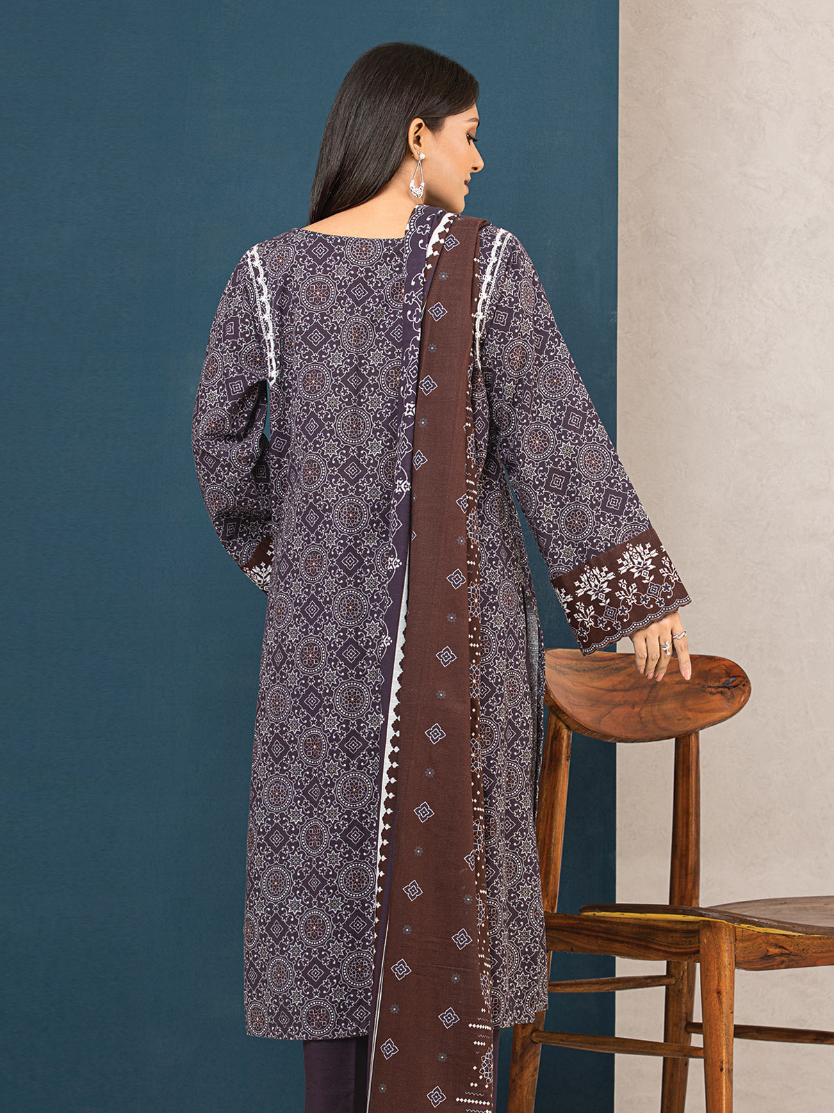 Edenrobe - EWU22A3-24459 Unstitched Dark Purple Printed Khaddar 3 Piece