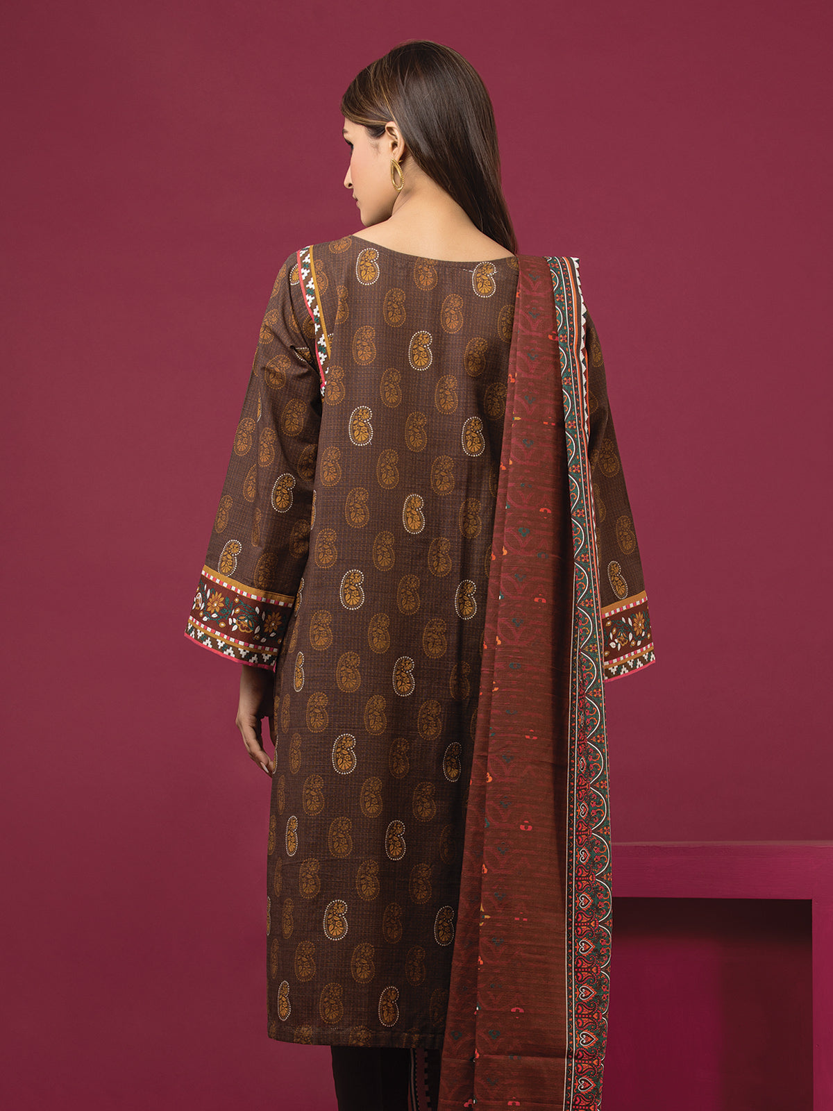 Edenrobe - EWU22A3-24464XXL Unstitched Brown Printed Khaddar 3 Piece