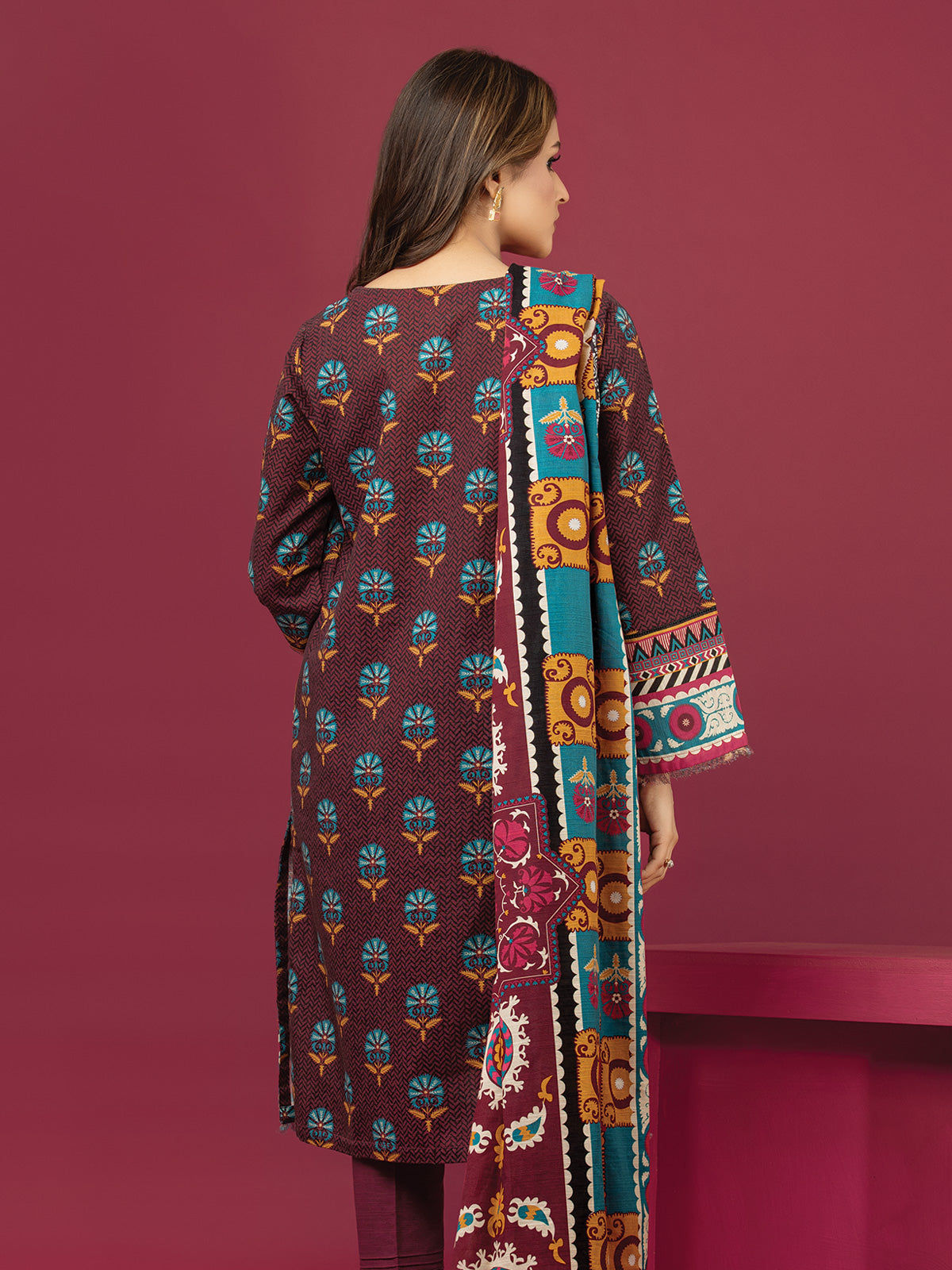 Edenrobe - EWU22A3-24467S Unstitched Dark Maroon Printed Khaddar 1 Piece