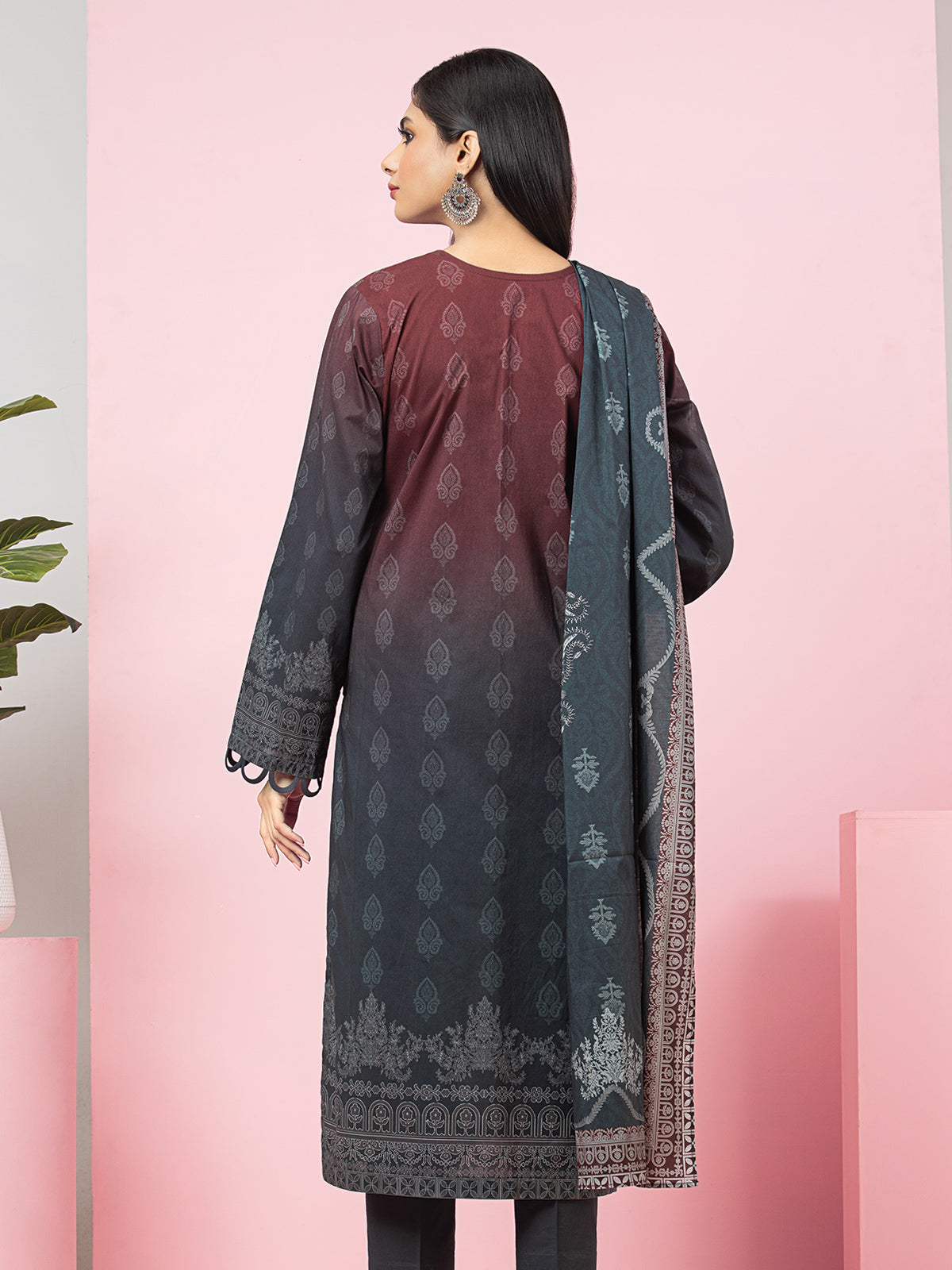 Edenrobe - EWU22A4-24005S Unstitched Charcoal Printed Viscose 1 Piece