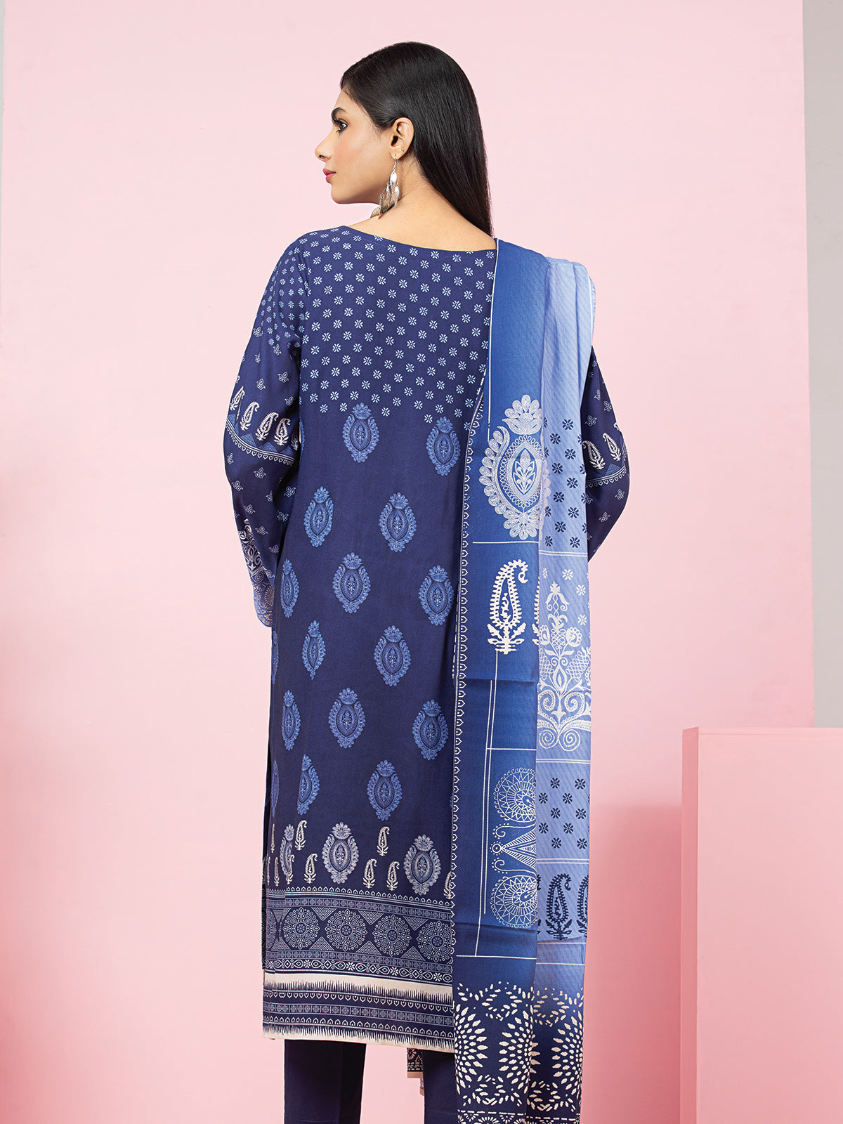 Edenrobe - EWU22A4-24008XXL Unstitched Royal Blue Printed Viscose 3 Piece