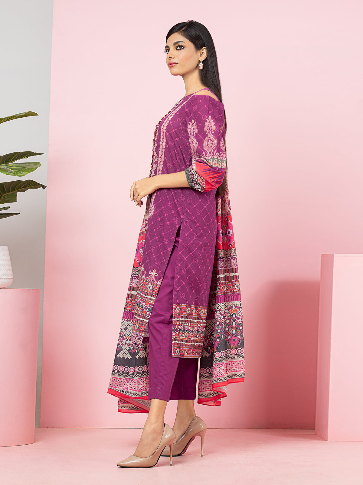 Edenrobe - EWU22A4-24012XXL Unstitched Magenta Printed Viscose 3 Piece