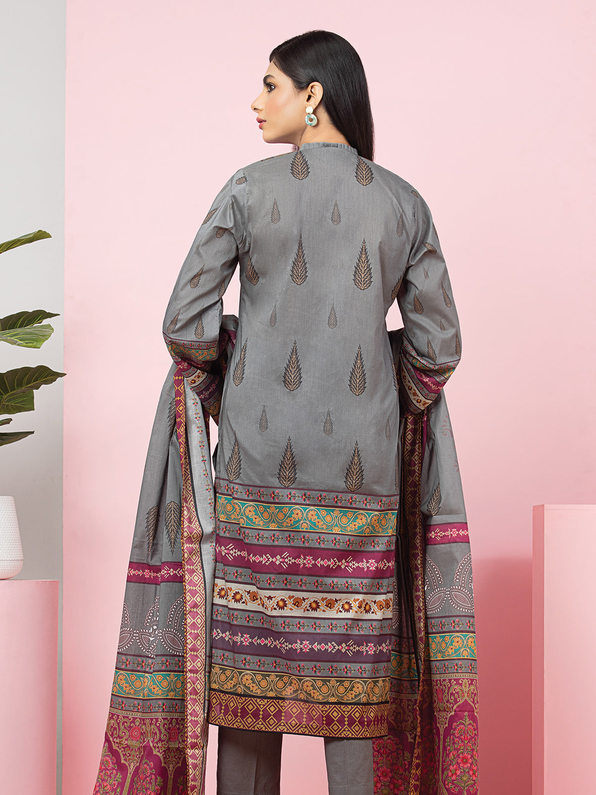 Edenrobe - EWU22A4-24015 Unstitched Steel Grey Printed Viscose 3 Piece