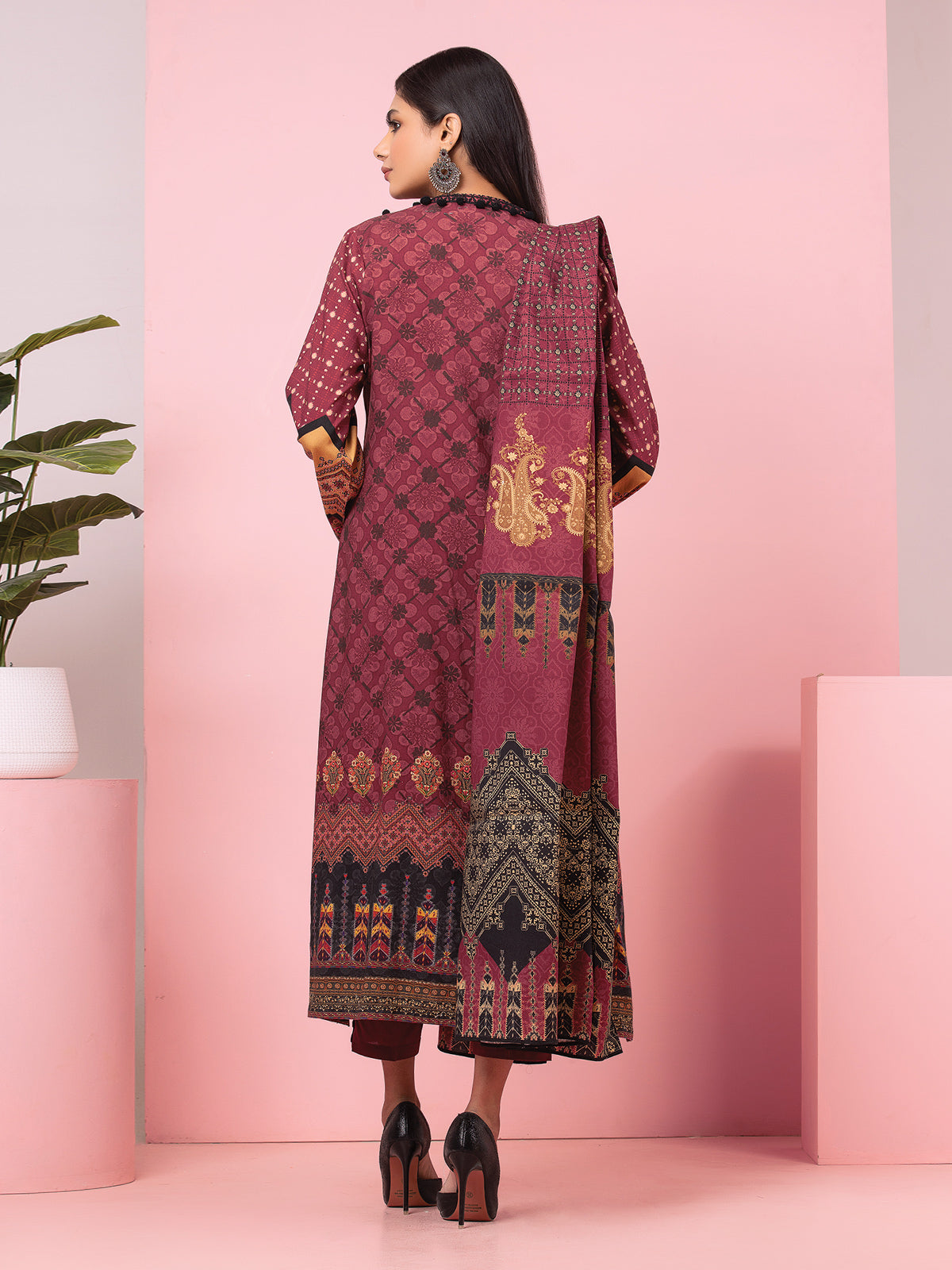 Edenrobe - EWU22A4-24016XXL Unstitched Dark Rust Printed Viscose 3 Piece