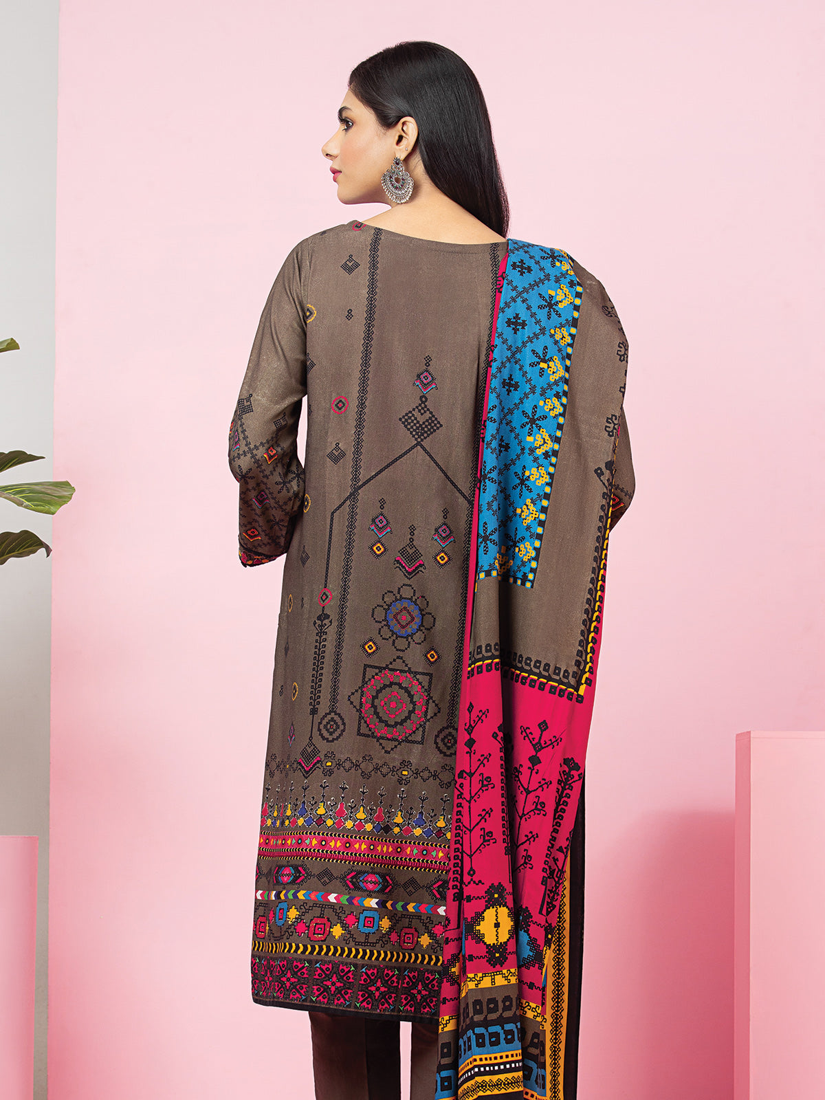 Edenrobe - EWU22A4-24025XXL Unstitched Brown Printed Viscose 3 Piece