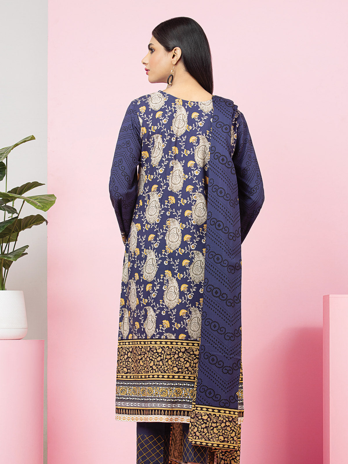 Edenrobe - EWU22V13-24002 Unstitched Navy Blue Printed Viscose 3 Piece