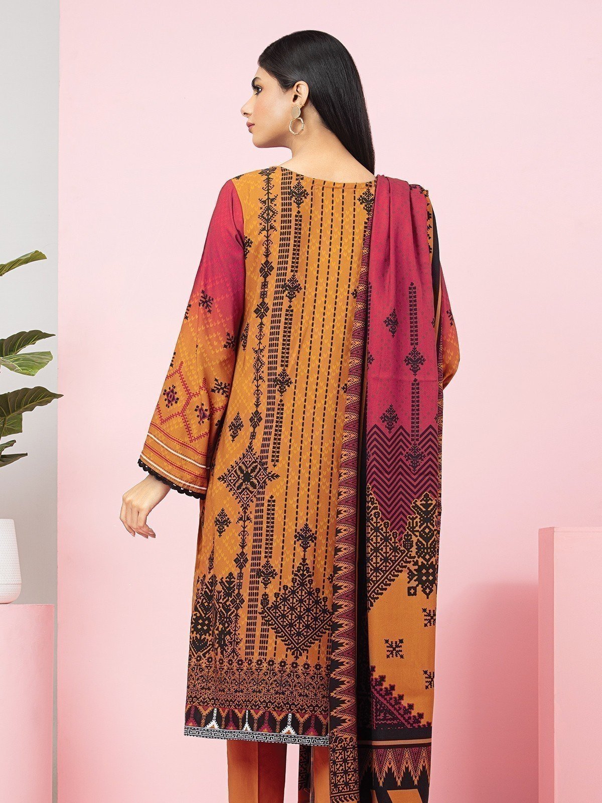 Edenrobe - EWU22V13-24027XXL Unstitched Rust Printed Viscose 3 Piece