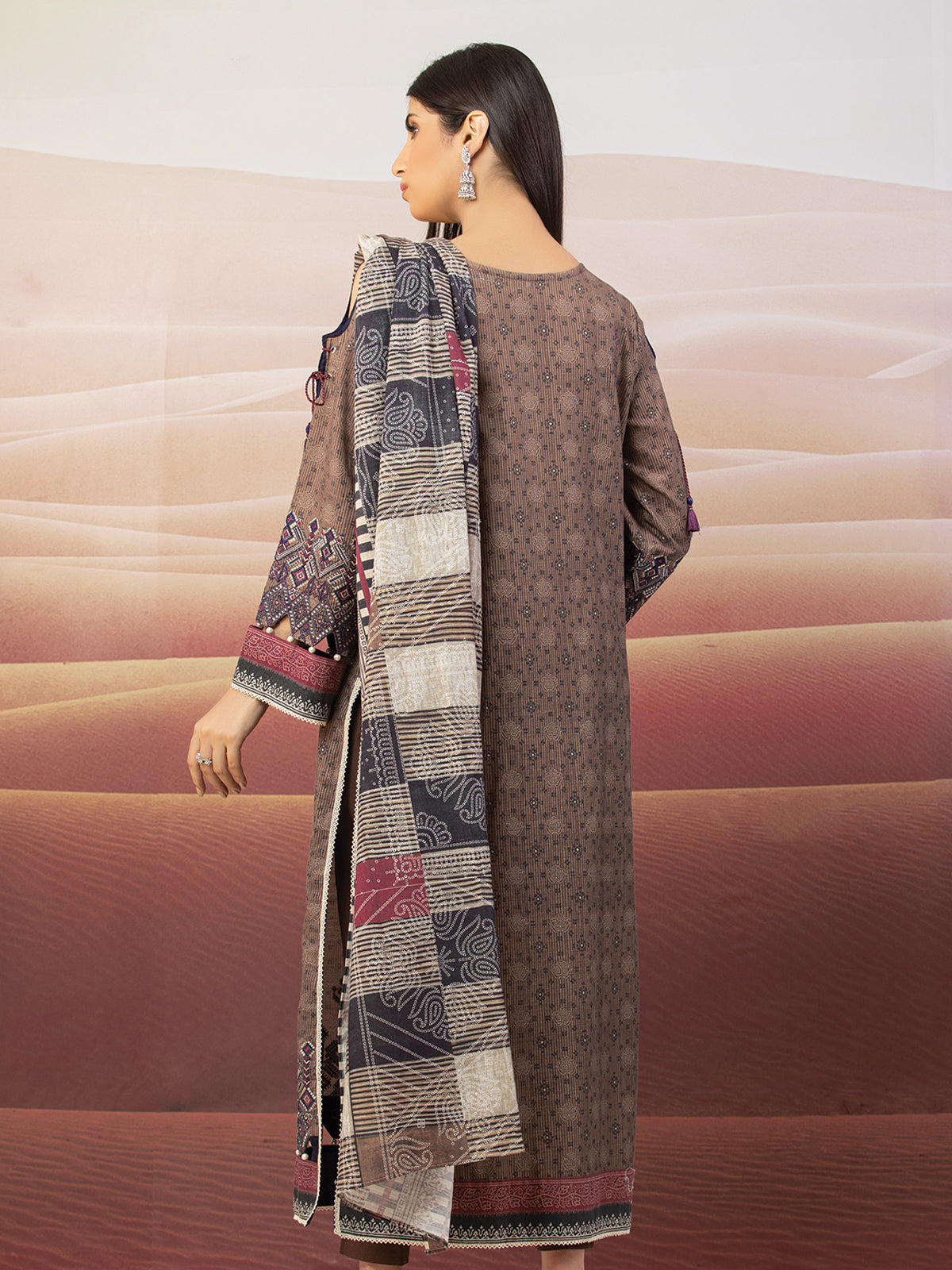 Edenrobe - EWU22V10-25017 Unstitched Light Brown Embroidered Crepe 3 Piece