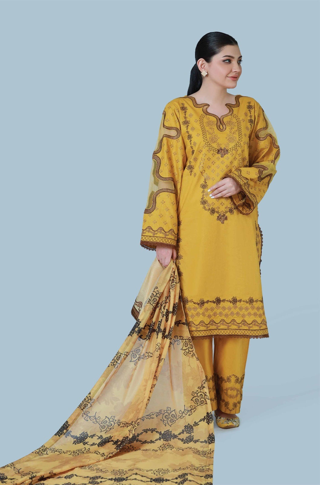 Bareeq Outfits - Mustard Muse 3 Piece Embroidered Stitched Suit