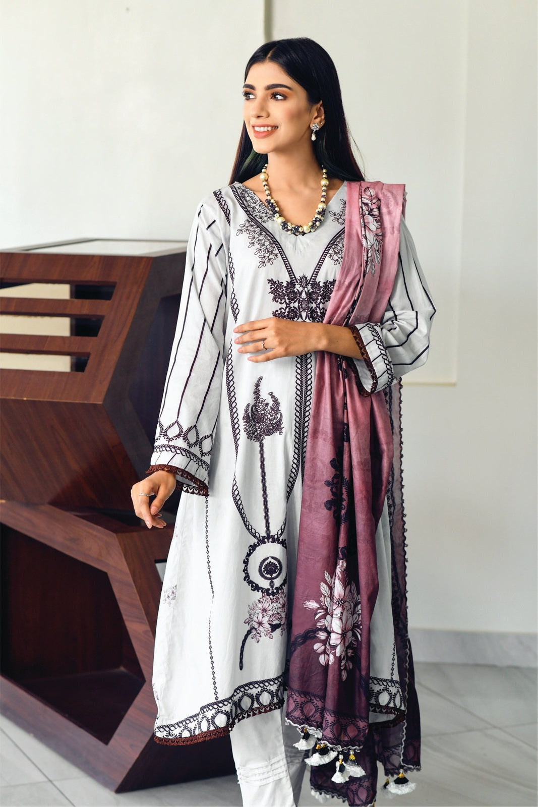 Bareeq Outfits - White Printed Lawn -3 PCS