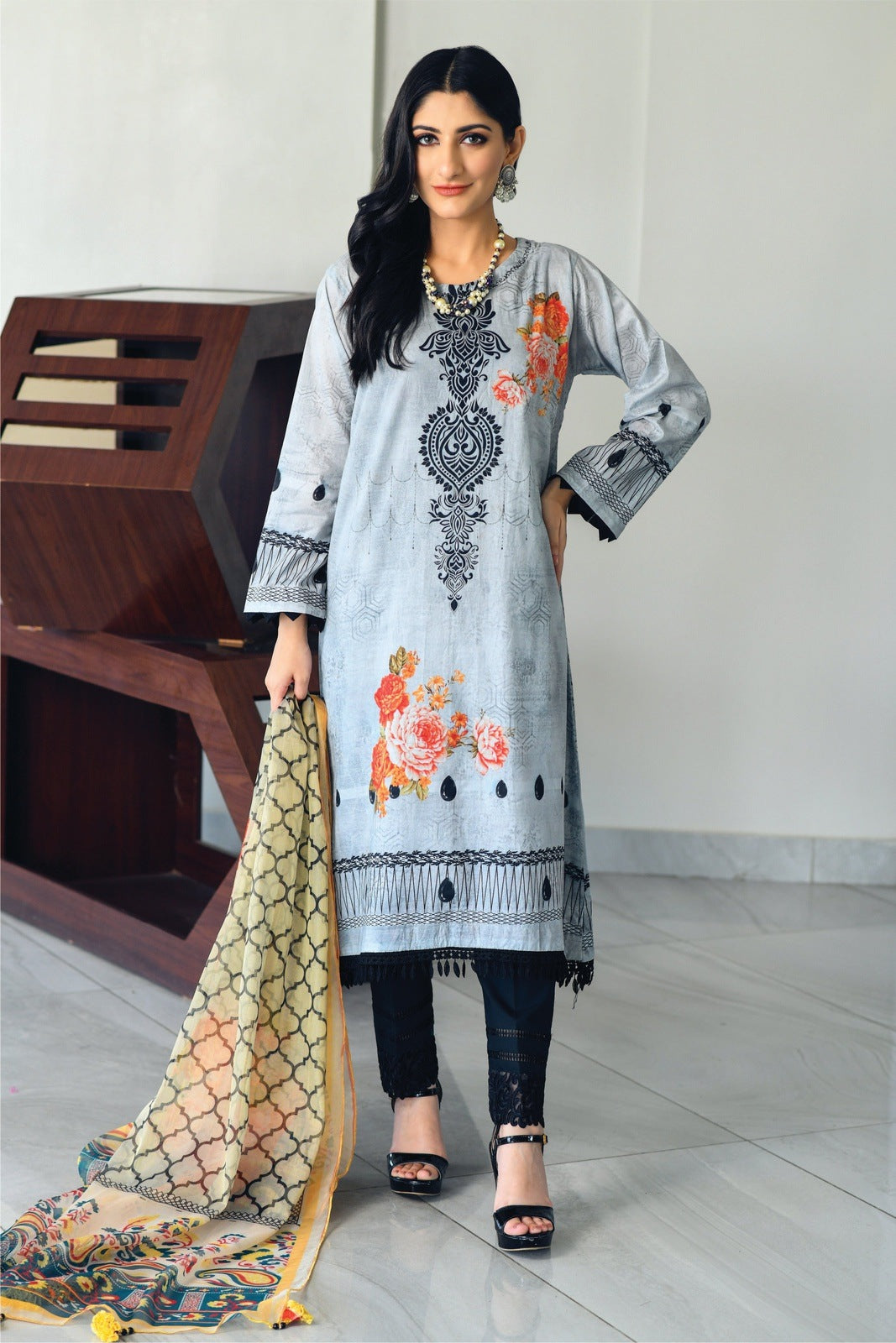 Bareeq Outfits - Grey-Black Printed Shirt with Masoori Dupatta – 2 PCS