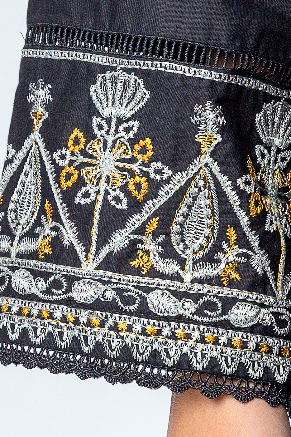 Beechtree - 3 PIECE - EMBROIDERED CAMBRIC SUIT WITH WOVEN SHAWL - NOIR GLAM (UNSTITCHED)