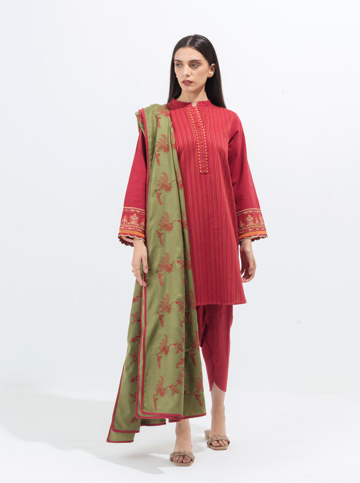 Beechtree - Crimson Rouge-Embroidered With Shawl-3P (UNSTITCHED)