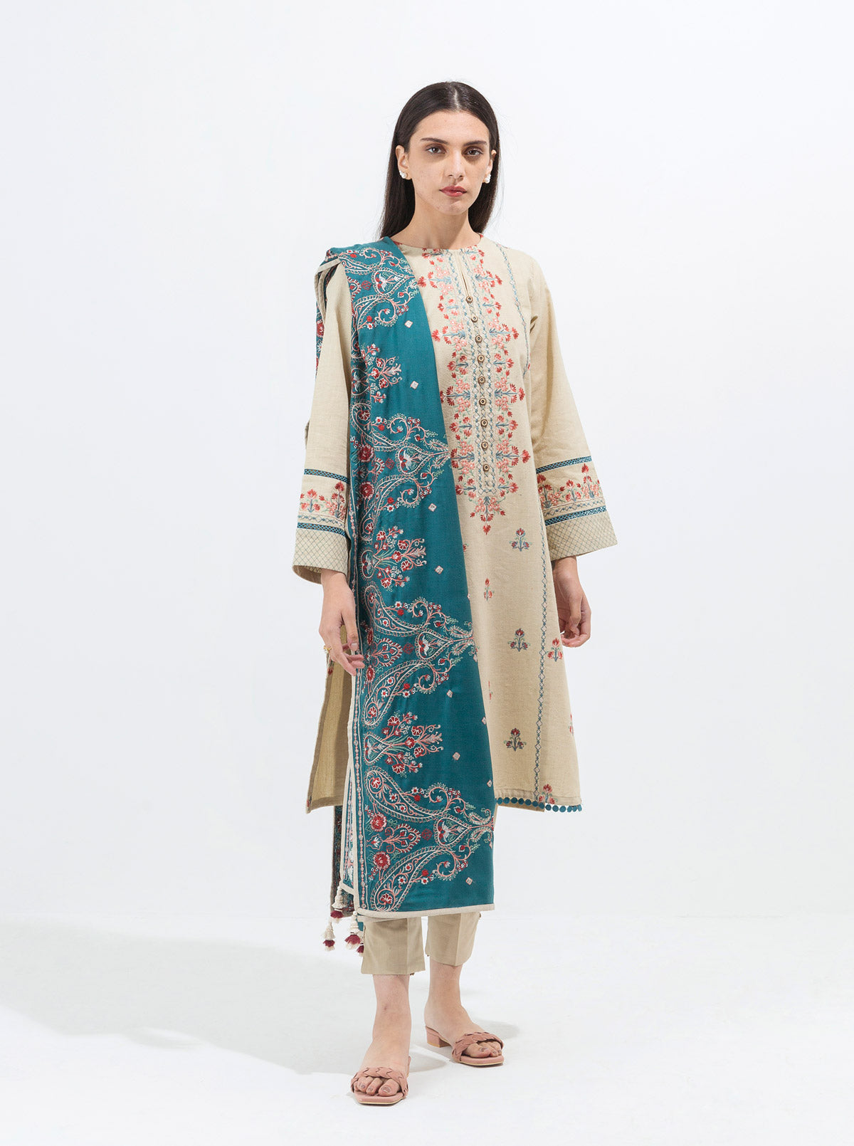 Beechtree - Beige Mist-Embroidered With Shawl-3P (UNSTITCHED)